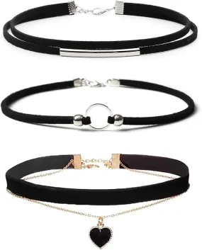 Choker Necklace for Women 3PCS Gothic Black Velvet Choker Adjustable Heart Pendant Layered Necklace Black Leather Jewelry