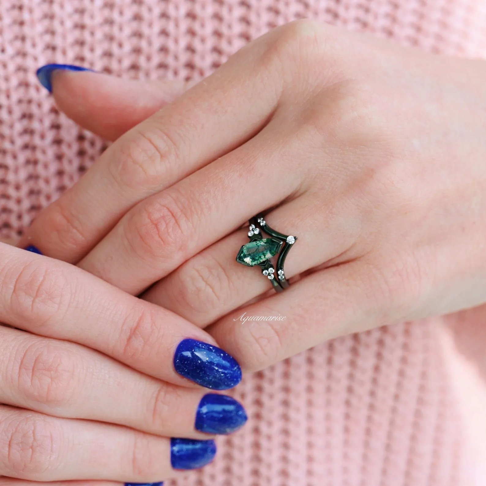 Coffin Kite Green Moss Agate Engagement Ring- Black Rhodium Filled