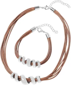 Costume Jewelry Set - Leather Choker Necklace for Women 16" & Cuff Bracelet 7"- Faux Leather Cord Necklace Set with Adjustable Lobster Claw Spiral Charm Rope Boho Jewelry Birthday Mothers Day Gifts