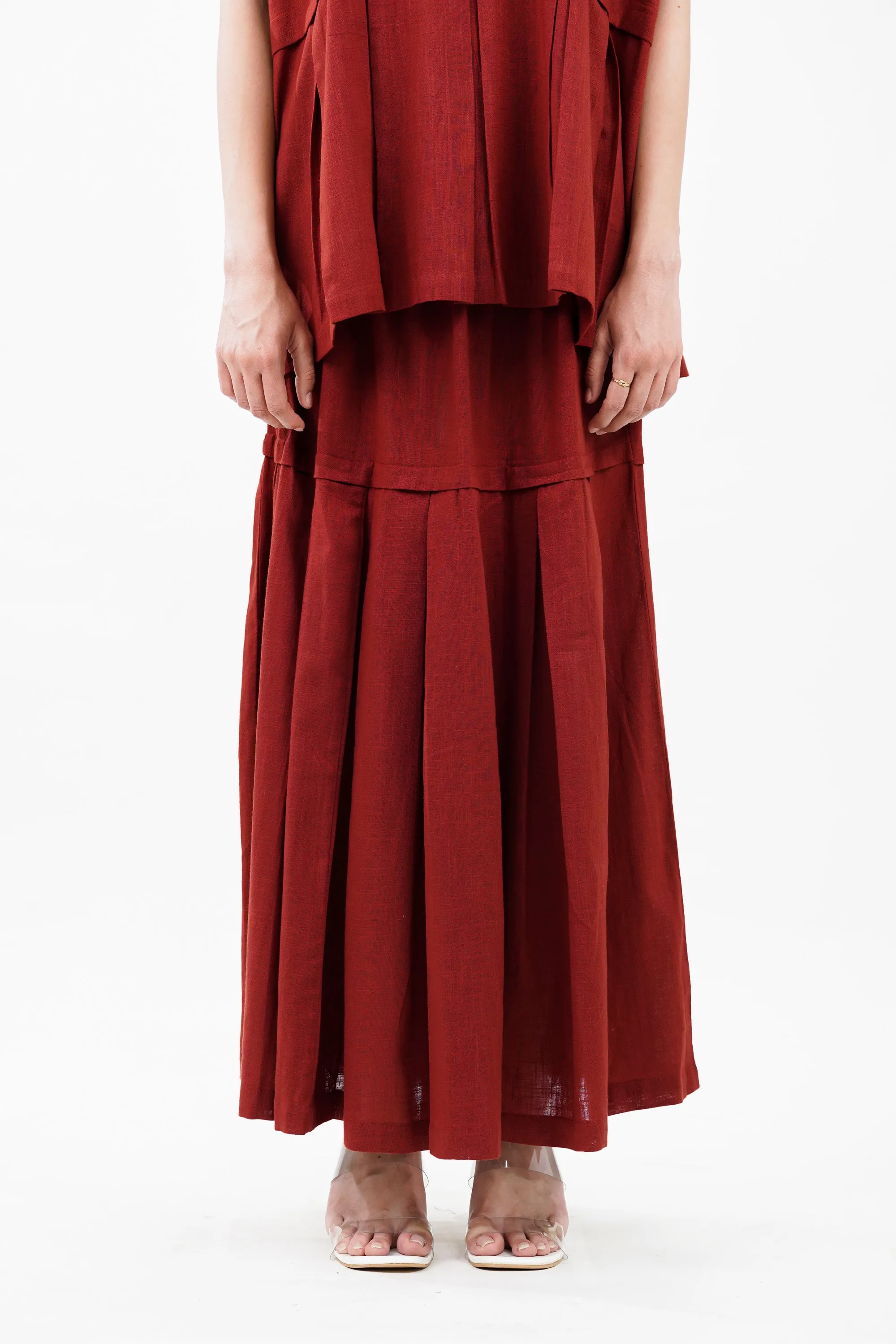 Cotton Red Bloom Box Pleat Coord Set