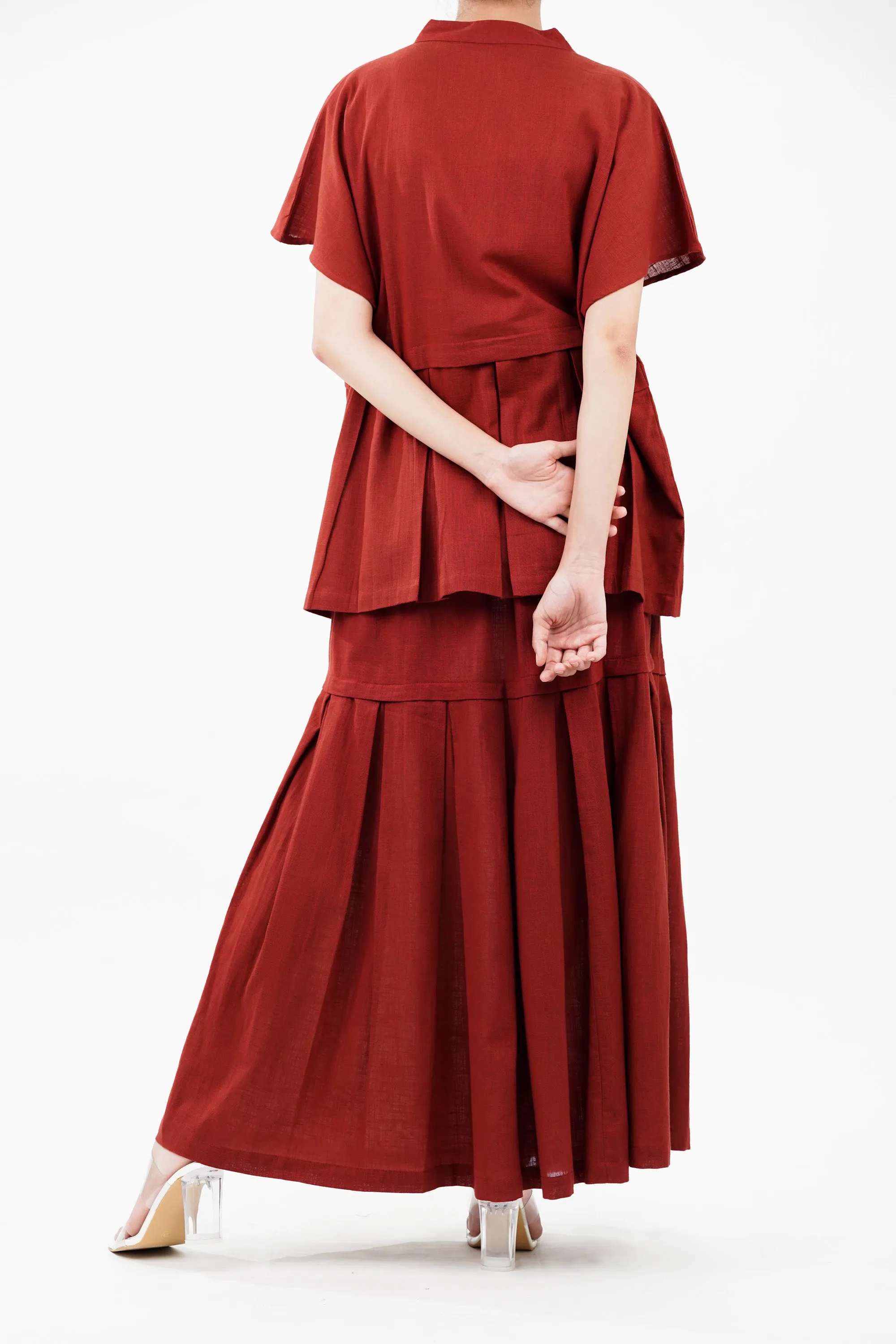 Cotton Red Bloom Box Pleat Coord Set