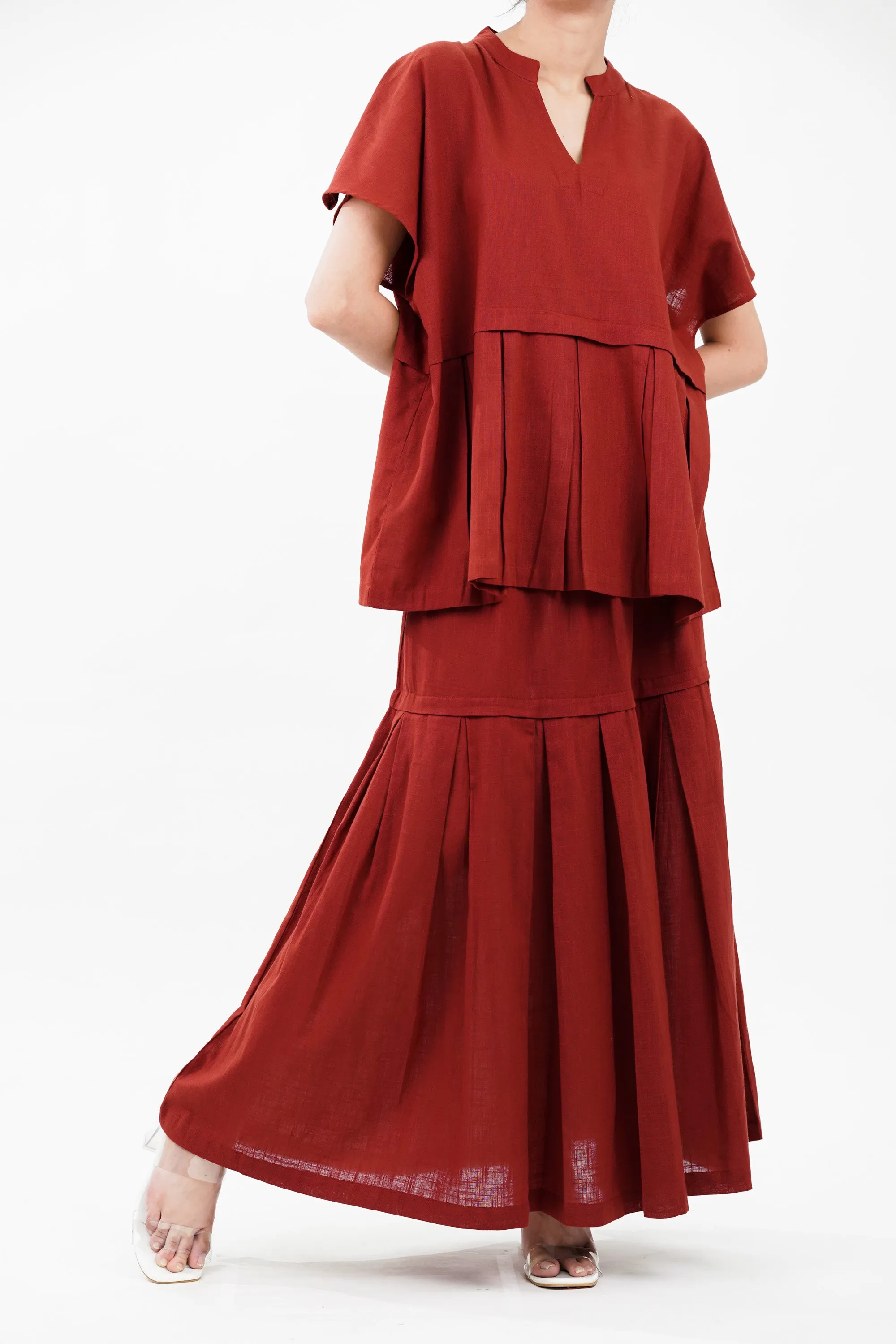 Cotton Red Bloom Box Pleat Coord Set