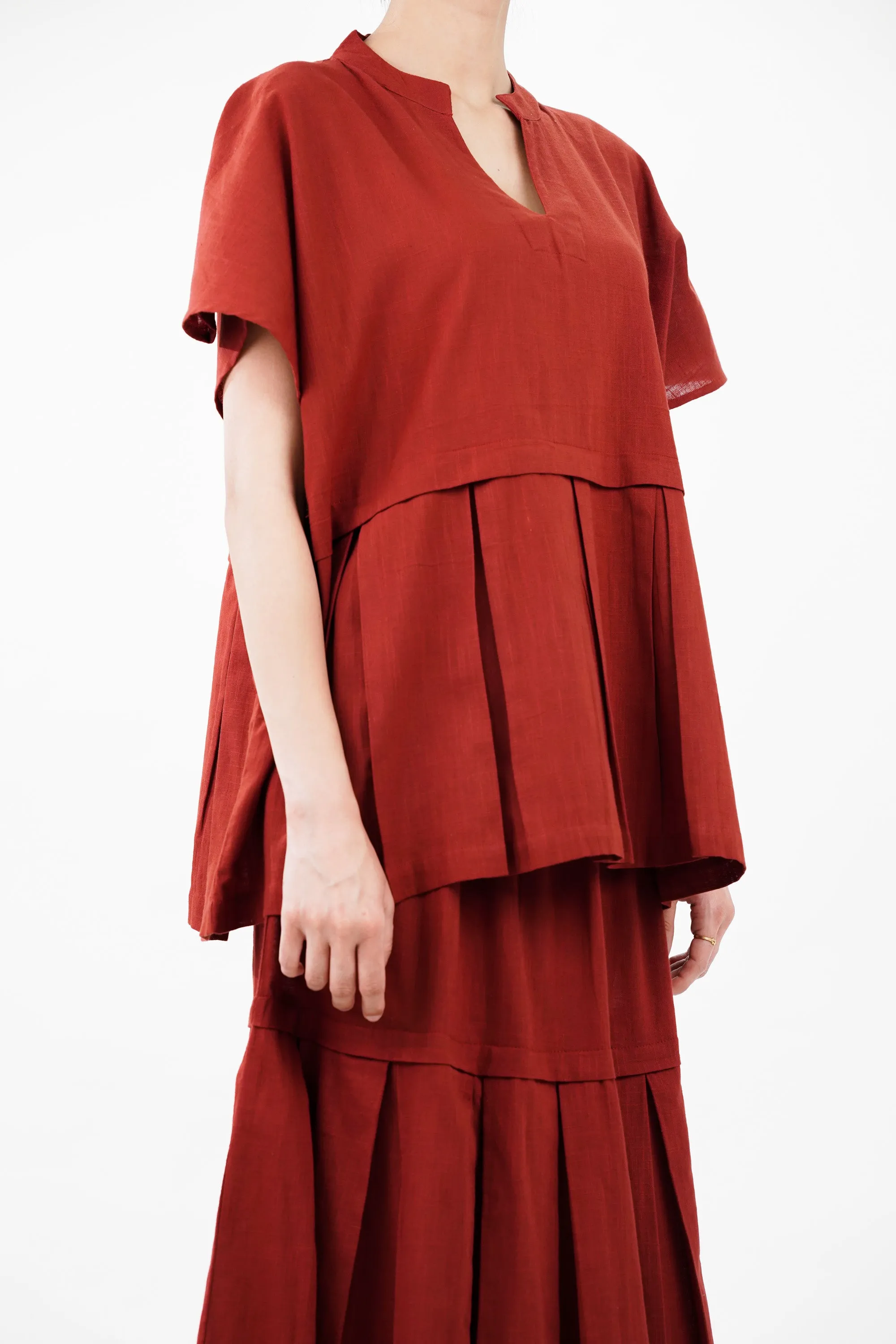 Cotton Red Bloom Box Pleat Coord Set