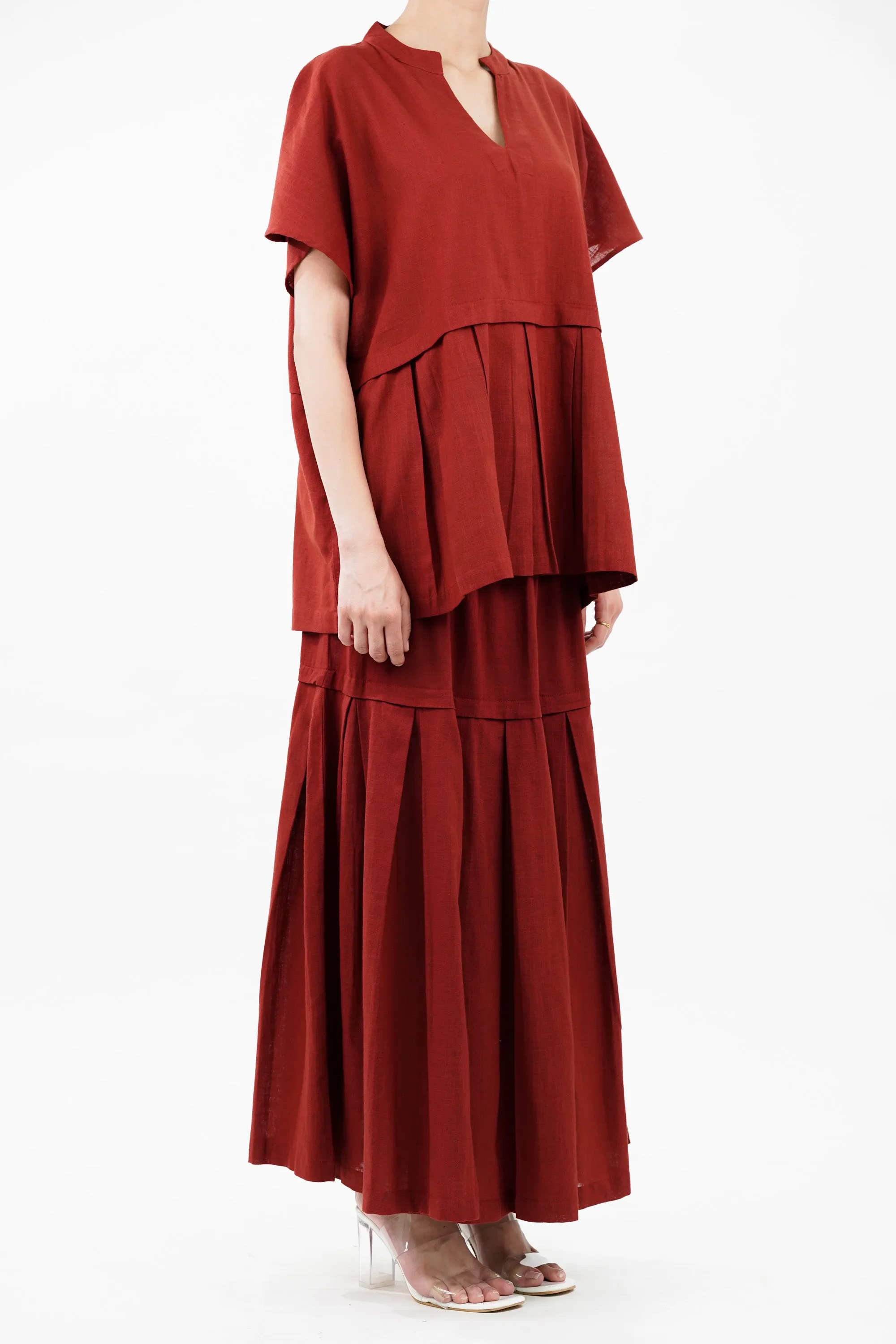 Cotton Red Bloom Box Pleat Coord Set