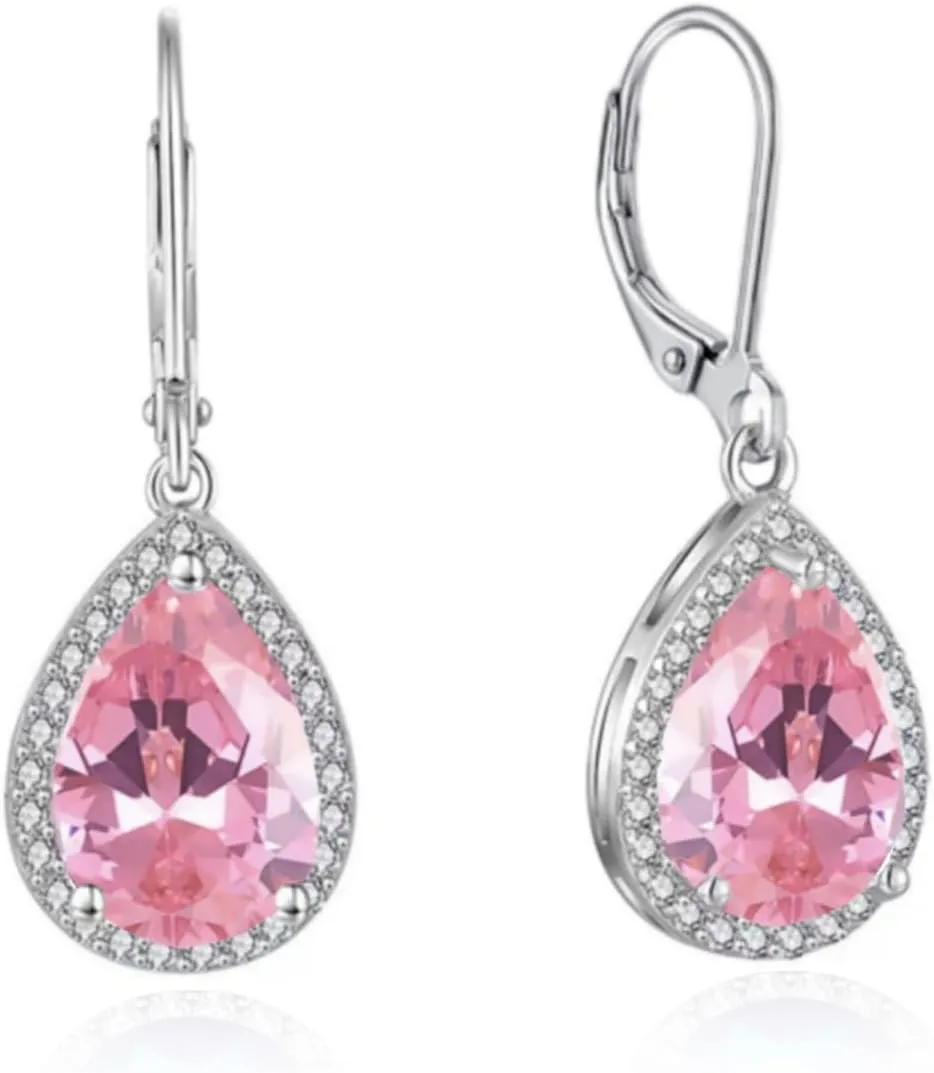 Crystal Gemstone Drop Dangle Leverback Earrings Plated 18k Gold Teardrop Oval Pear Zircon Diamond Birthstone Jewelry Set Gift for Wife Mom Daughter Girlfriend