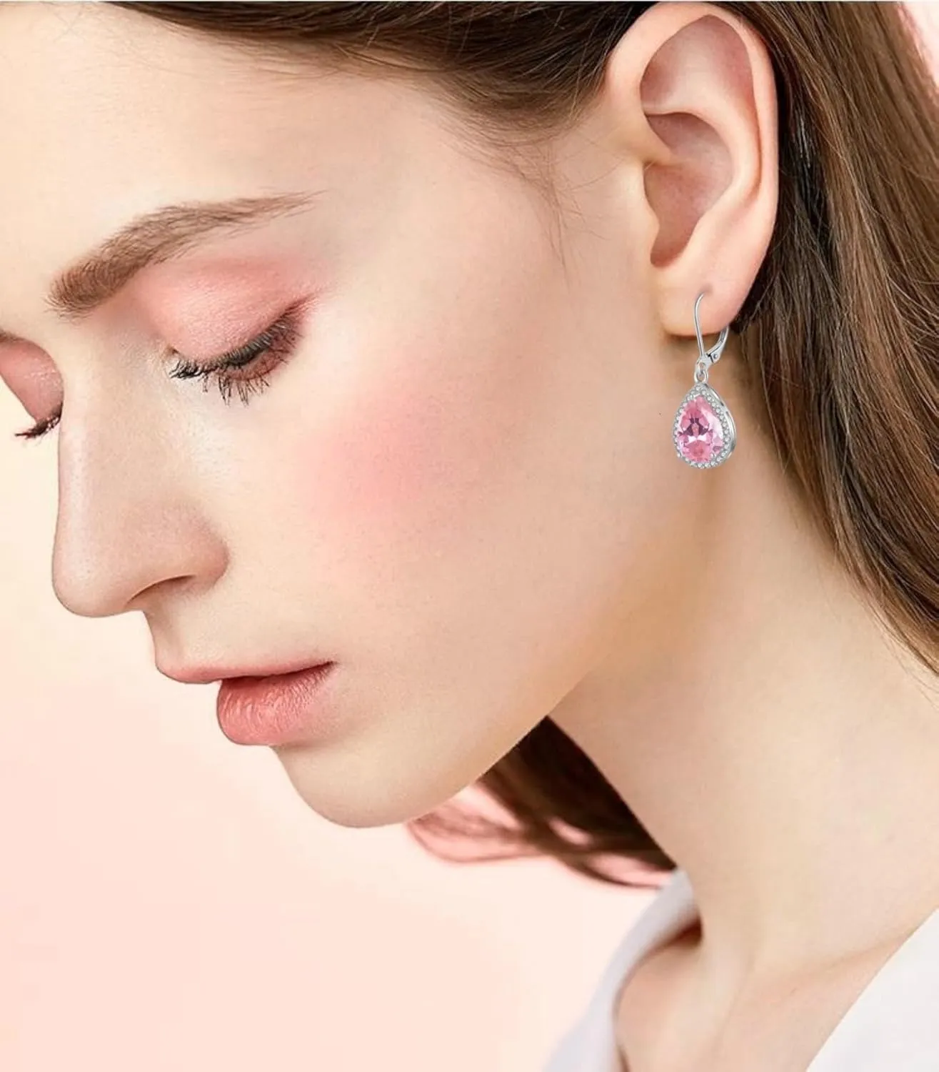 Crystal Gemstone Drop Dangle Leverback Earrings Plated 18k Gold Teardrop Oval Pear Zircon Diamond Birthstone Jewelry Set Gift for Wife Mom Daughter Girlfriend