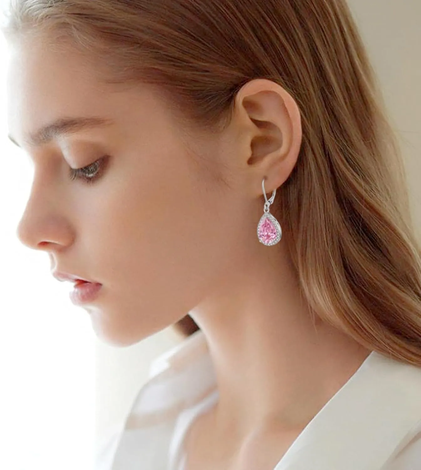 Crystal Gemstone Drop Dangle Leverback Earrings Plated 18k Gold Teardrop Oval Pear Zircon Diamond Birthstone Jewelry Set Gift for Wife Mom Daughter Girlfriend