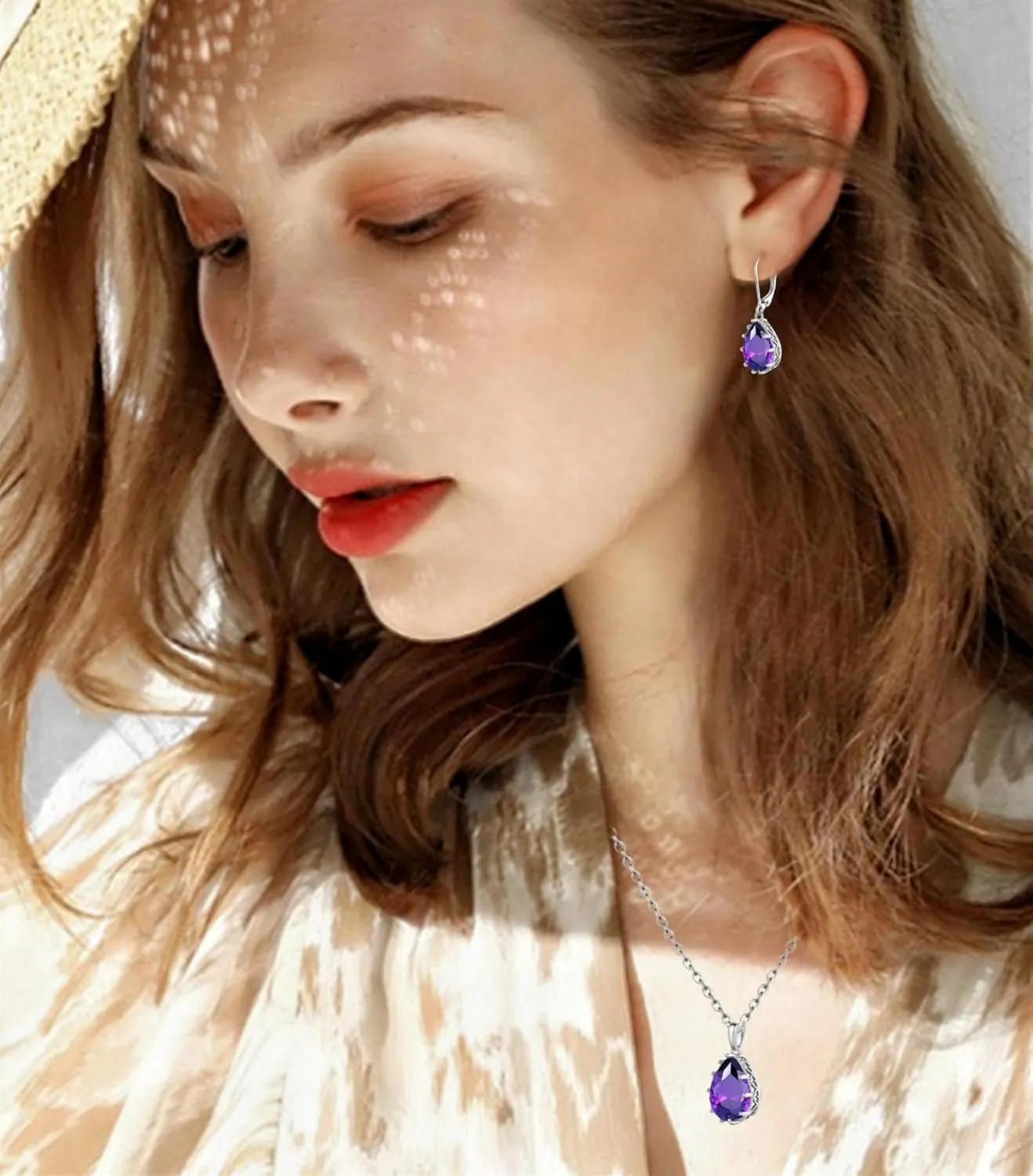 Crystal Zircon Drop Dangle Leverback Earrings Plated 18k Gold Teardrop Oval Pear Gemstone Birthstone Jewelry Set Gift for Wife Mom Daughter Girlfriend Her