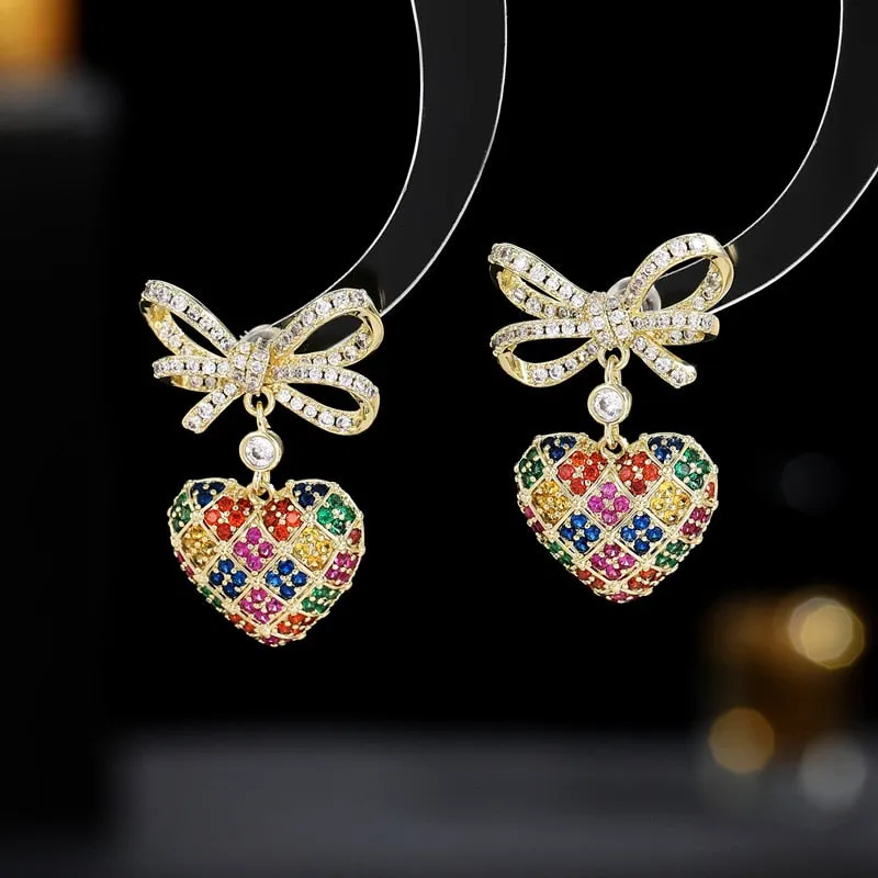 Cubic Zirconia Bow with Heart Earring for Wedding, Prom Dangler Jewelry for Women LYX121