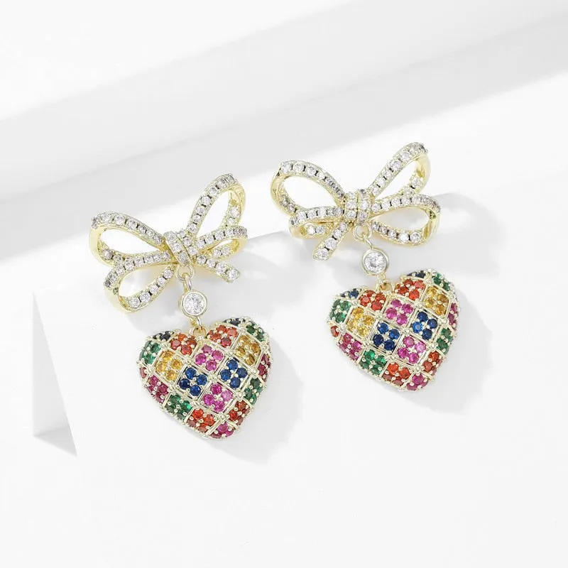 Cubic Zirconia Bow with Heart Earring for Wedding, Prom Dangler Jewelry for Women LYX121