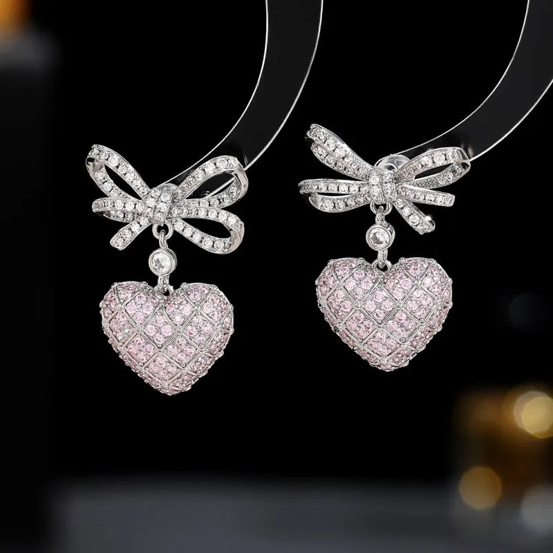 Cubic Zirconia Bow with Heart Earring for Wedding, Prom Dangler Jewelry for Women LYX121