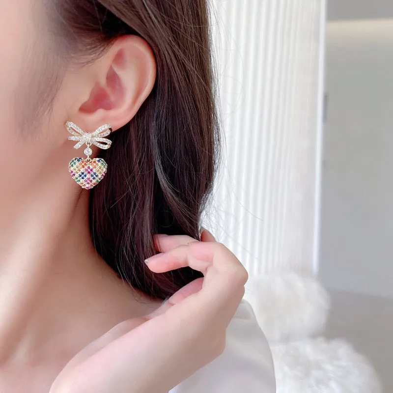 Cubic Zirconia Bow with Heart Earring for Wedding, Prom Dangler Jewelry for Women LYX121