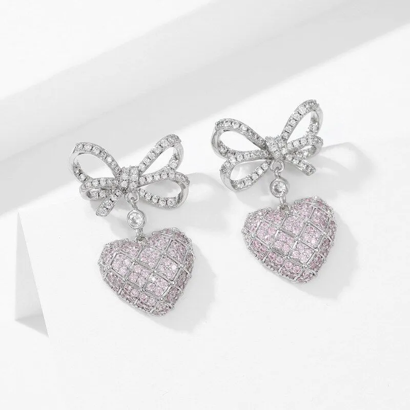 Cubic Zirconia Bow with Heart Earring for Wedding, Prom Dangler Jewelry for Women LYX121