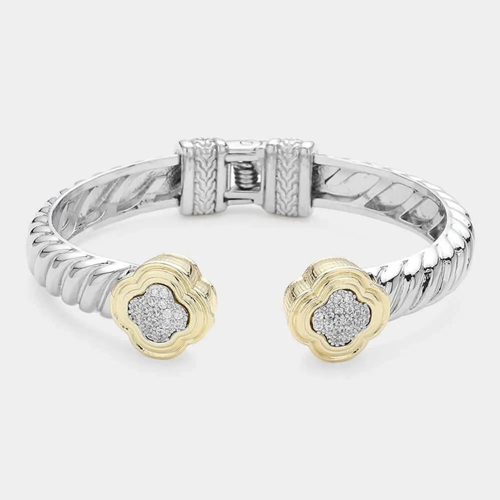 Cubic Zirconia Quatrefoil Tip Hinged Cuff Bracelet