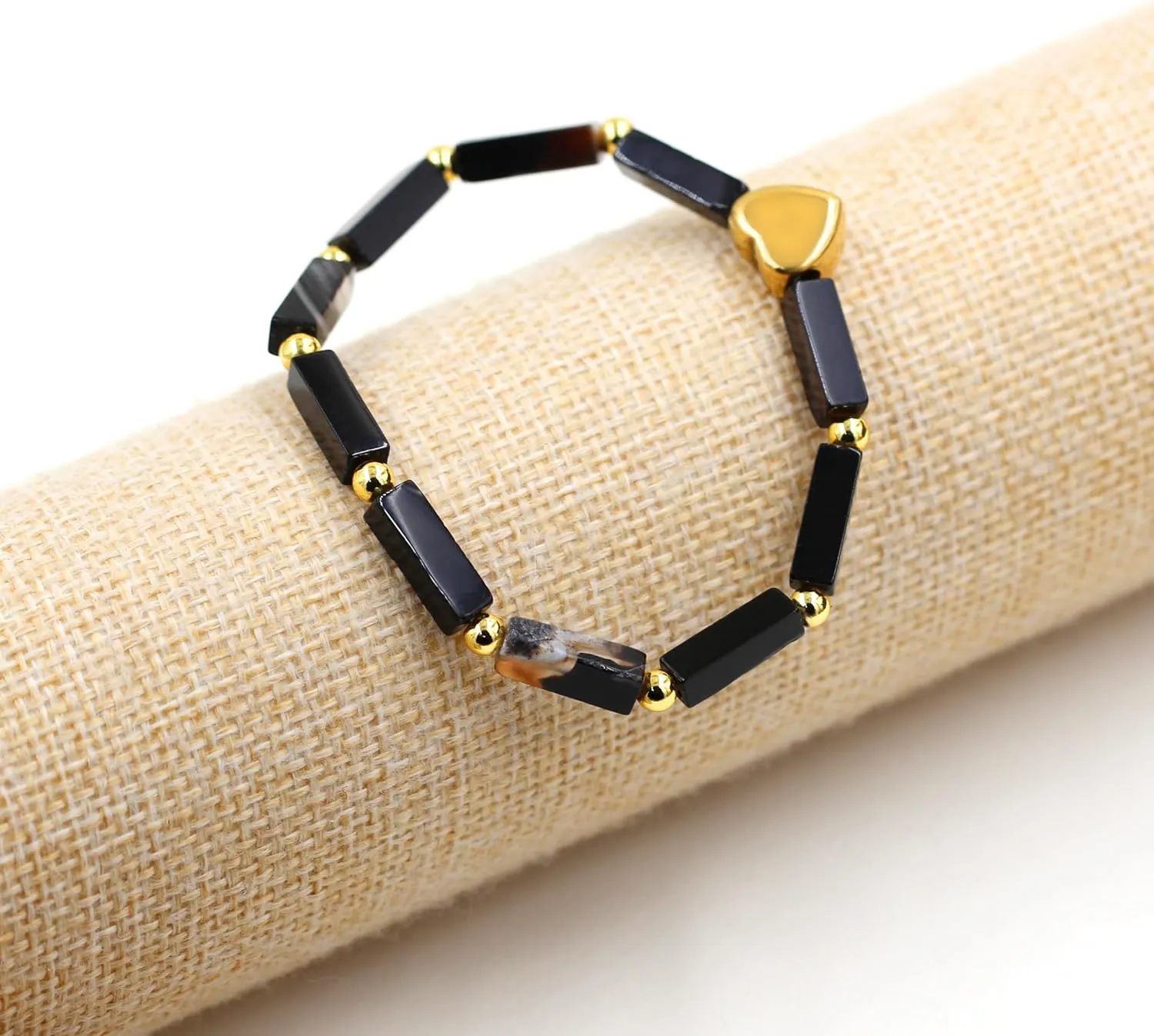 Cuboid Love Elastic Bracelet, Crystal Energy Stone Anxiety Relief Yoga Jewelry for Women Male (Heart-shaped Charm Can Be Customized Name)