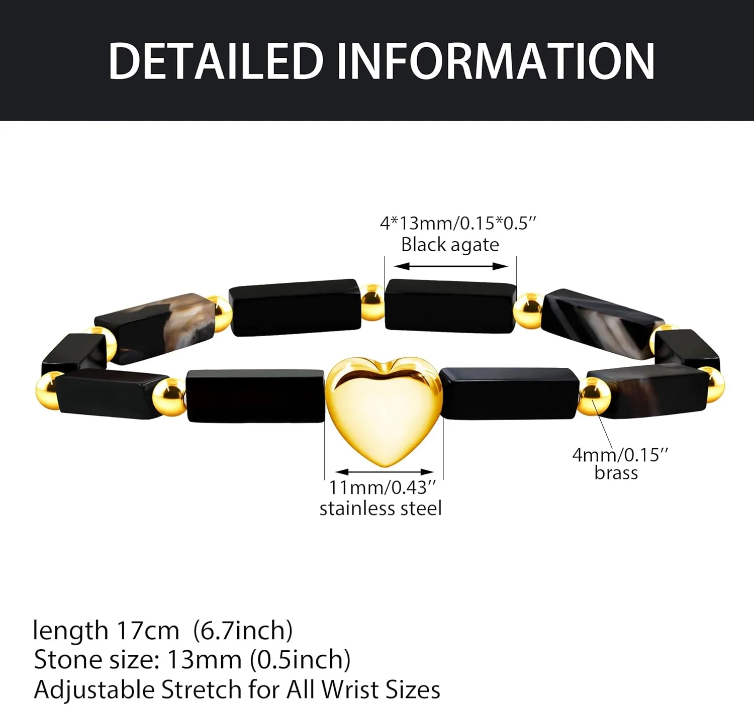 Cuboid Love Elastic Bracelet, Crystal Energy Stone Anxiety Relief Yoga Jewelry for Women Male (Heart-shaped Charm Can Be Customized Name)