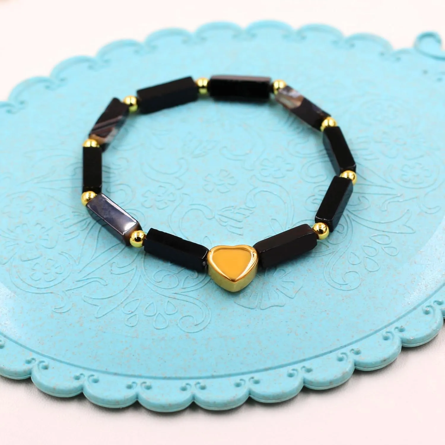Cuboid Love Elastic Bracelet, Crystal Energy Stone Anxiety Relief Yoga Jewelry for Women Male (Heart-shaped Charm Can Be Customized Name)