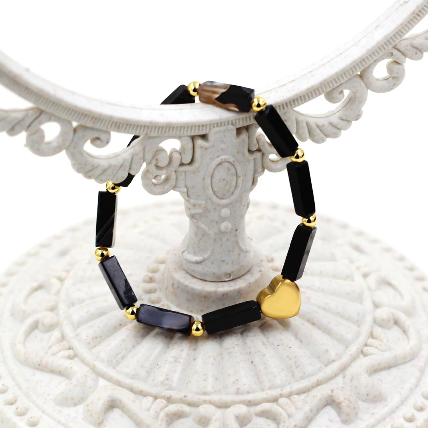 Cuboid Love Elastic Bracelet, Crystal Energy Stone Anxiety Relief Yoga Jewelry for Women Male (Heart-shaped Charm Can Be Customized Name)