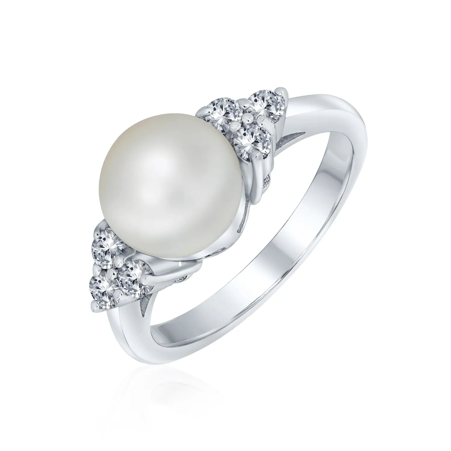 CZ Side Stone White Freshwater Pearl Engagement Ring .925 Silver