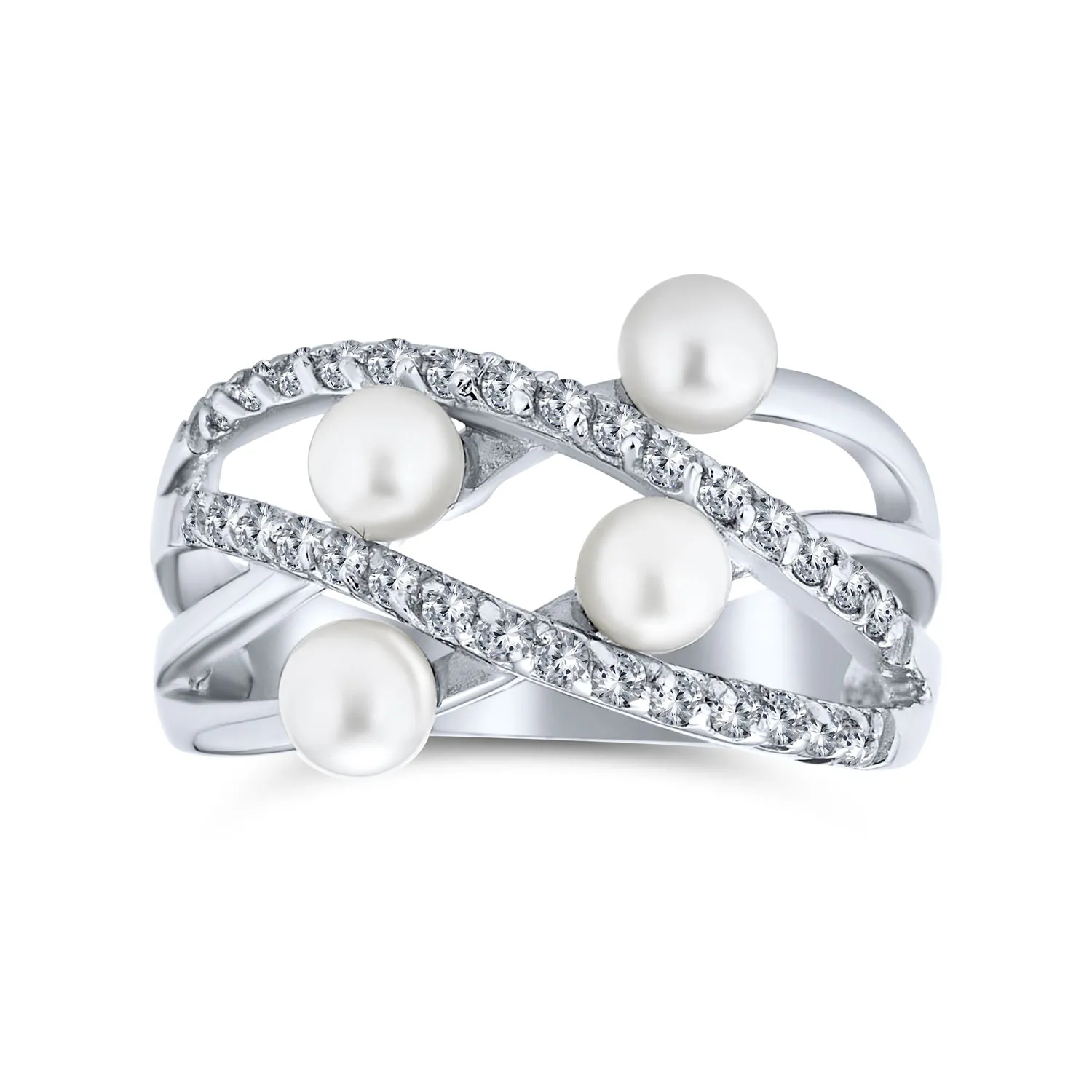 CZ Side Stone White Freshwater Pearl Engagement Ring .925 Silver