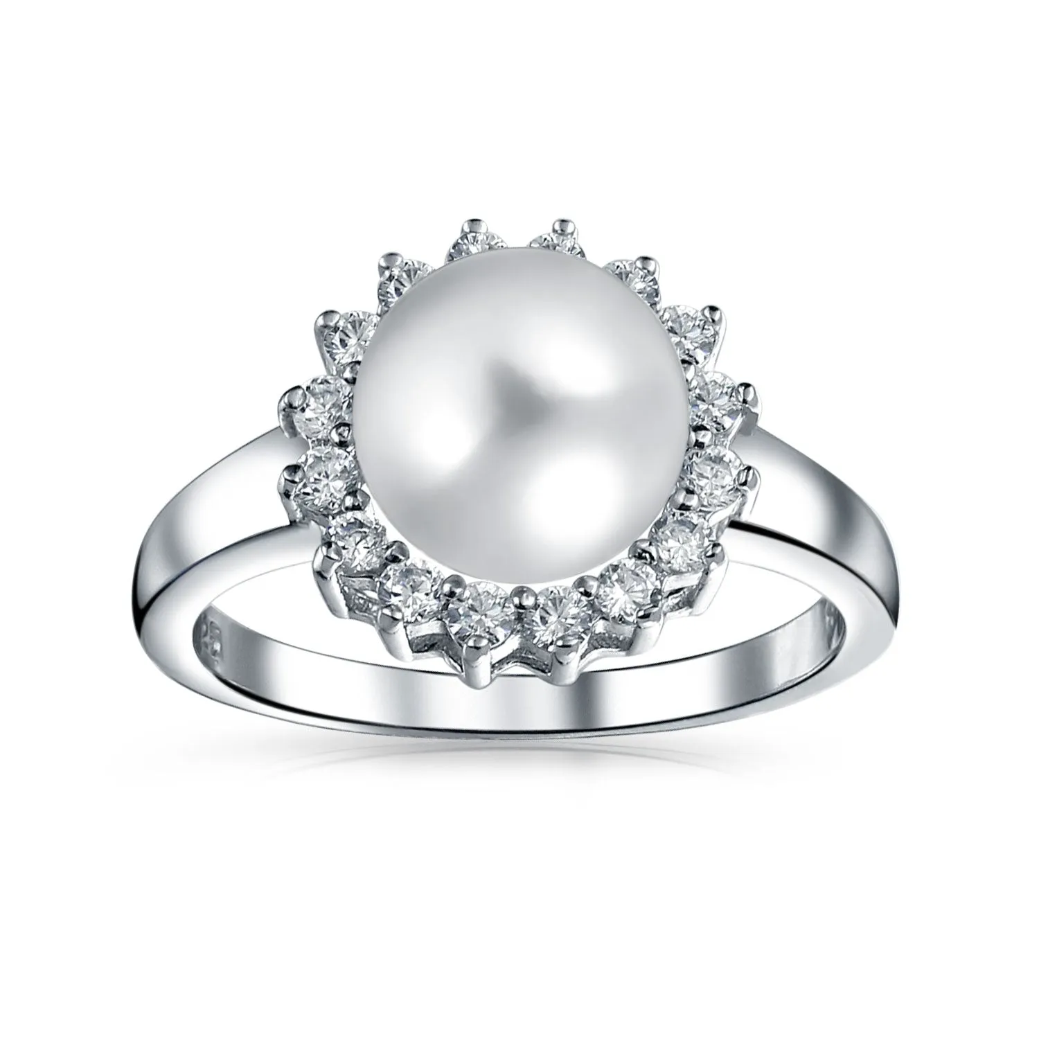 CZ Side Stone White Freshwater Pearl Engagement Ring .925 Silver