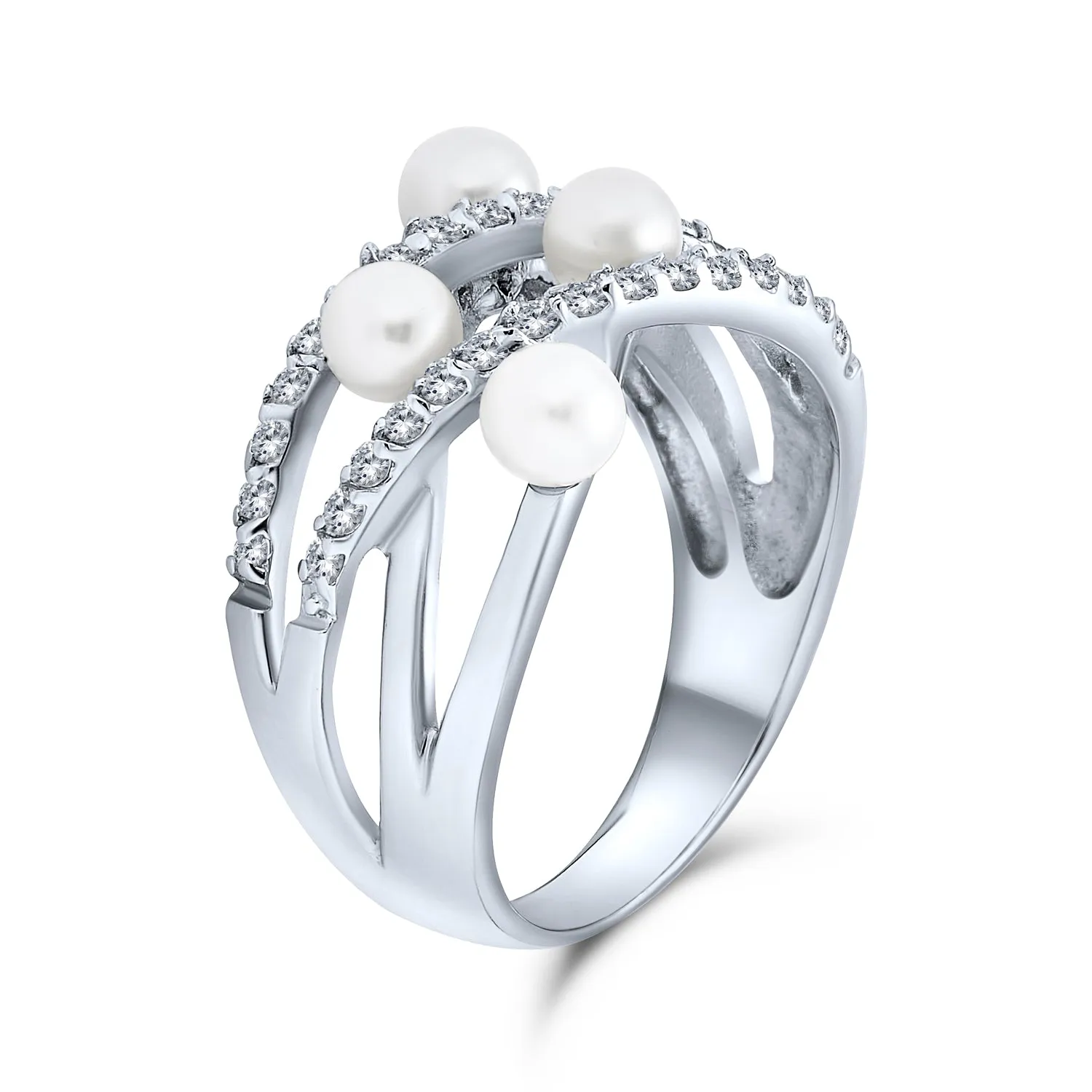 CZ Side Stone White Freshwater Pearl Engagement Ring .925 Silver