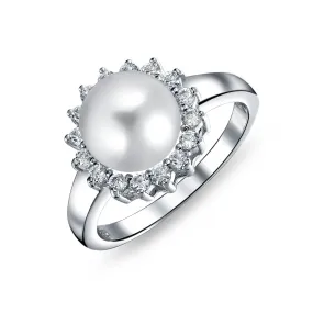 CZ Side Stone White Freshwater Pearl Engagement Ring .925 Silver