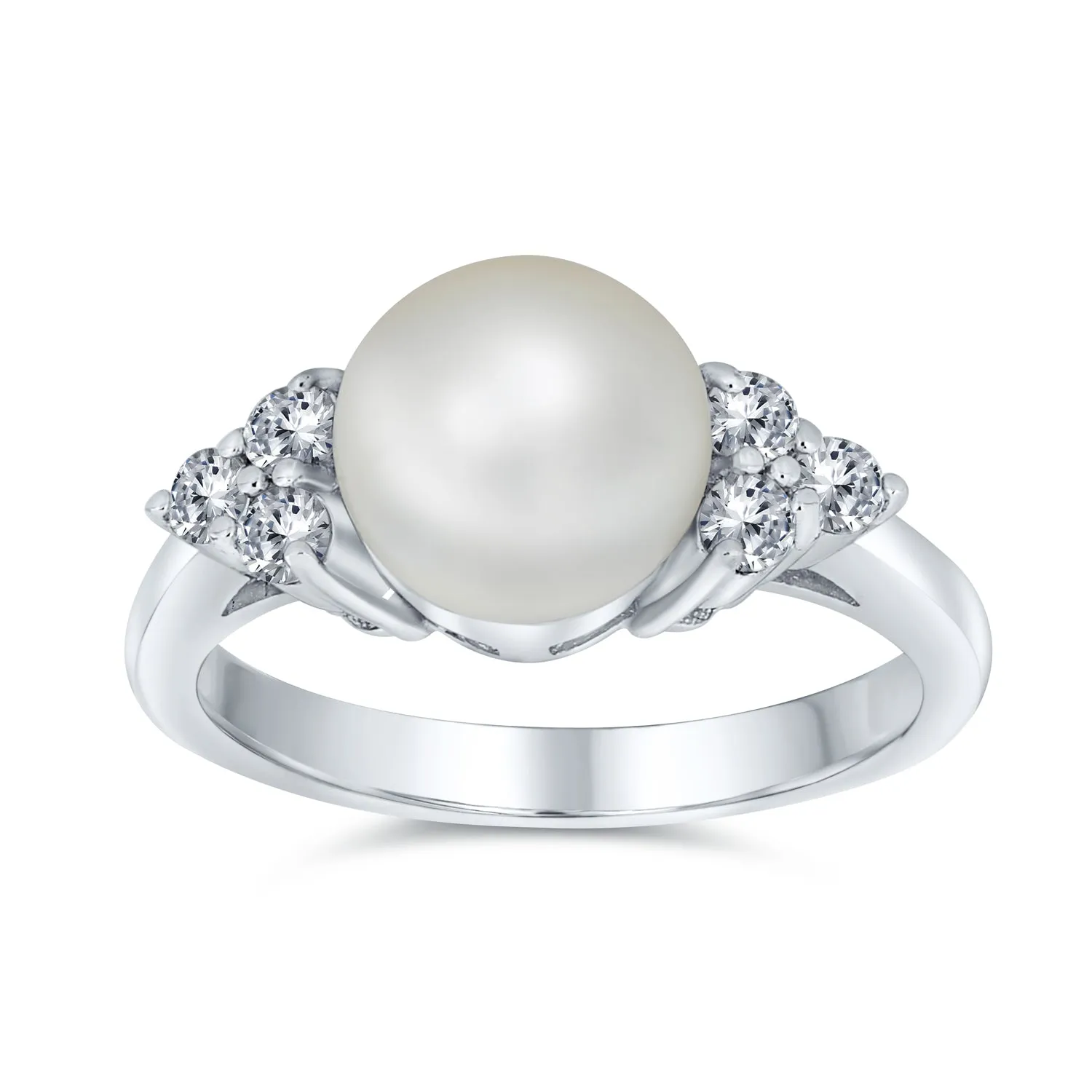 CZ Side Stone White Freshwater Pearl Engagement Ring .925 Silver