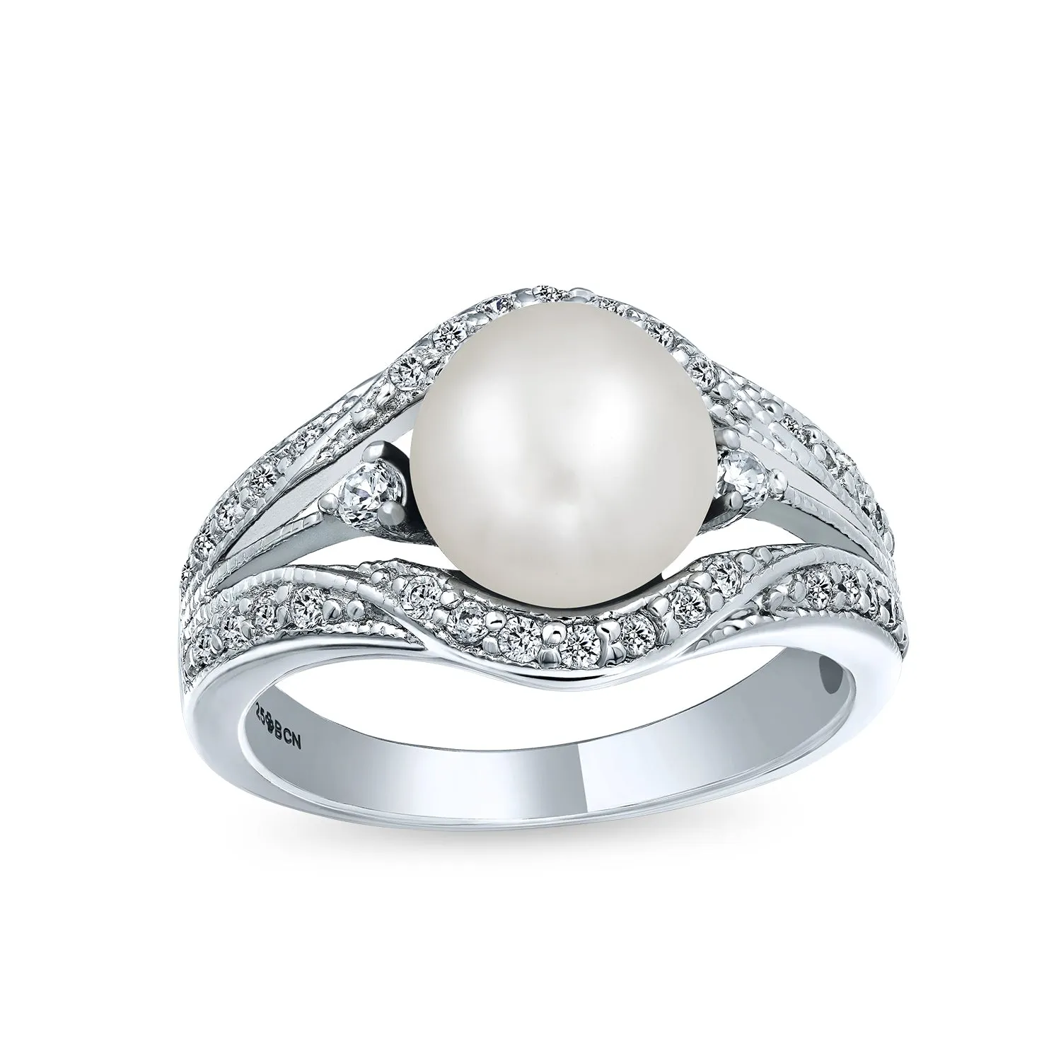 CZ Side Stone White Freshwater Pearl Engagement Ring .925 Silver