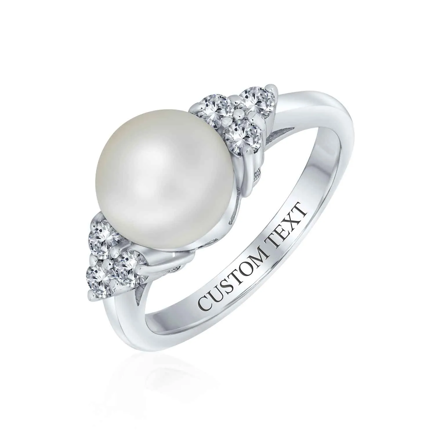 CZ Side Stone White Freshwater Pearl Engagement Ring .925 Silver