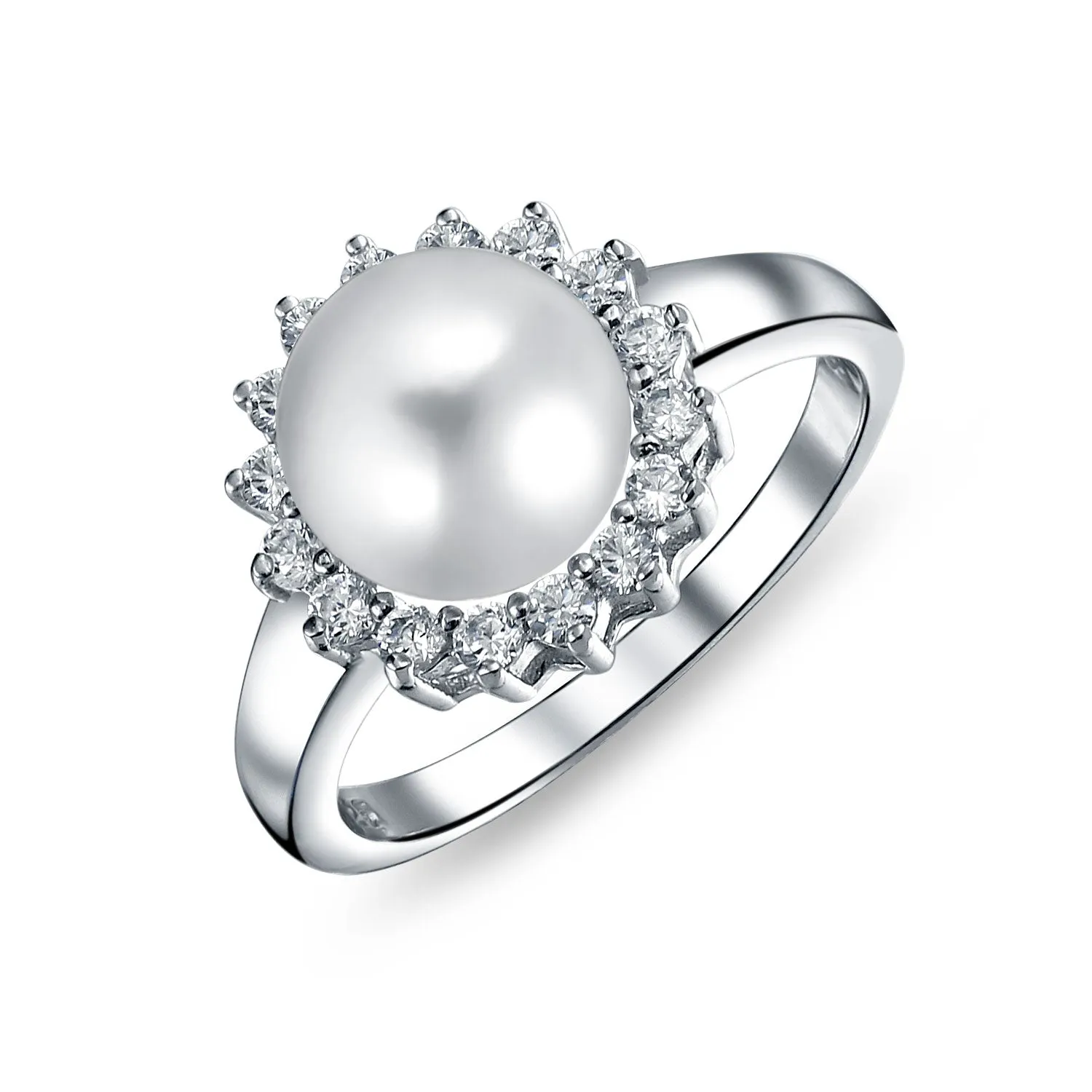 CZ Side Stone White Freshwater Pearl Engagement Ring .925 Silver