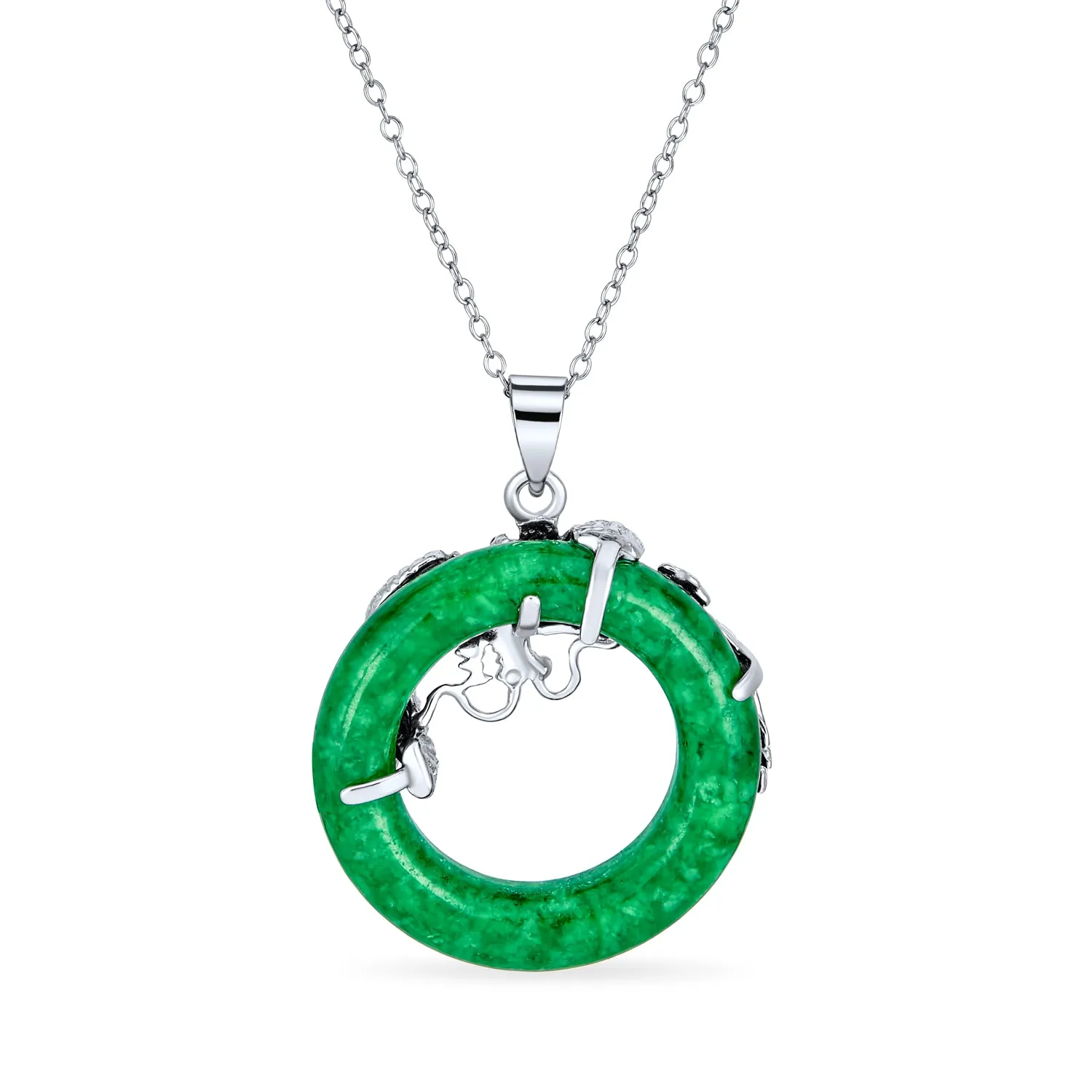Dragon Round Circle Green or Red Jade Pendant Sterling Silver Necklace