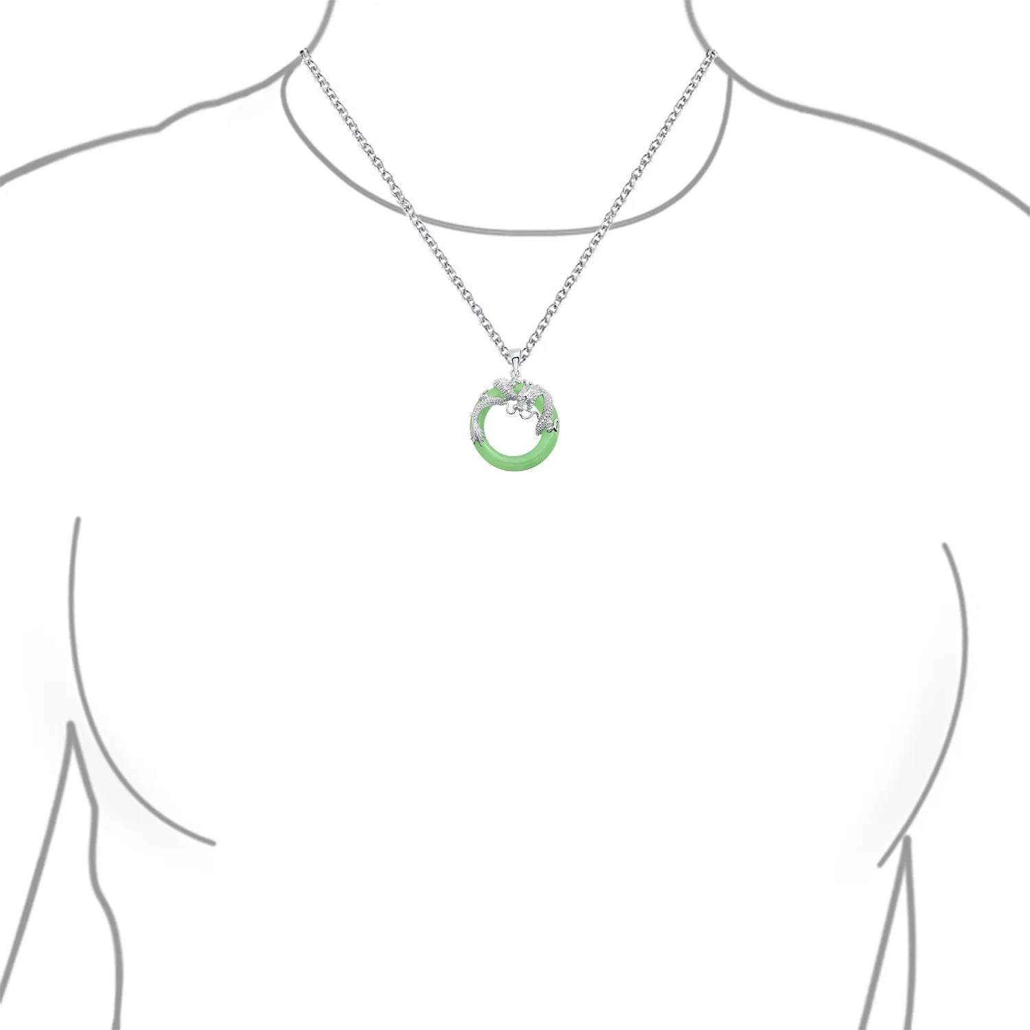 Dragon Round Circle Green or Red Jade Pendant Sterling Silver Necklace