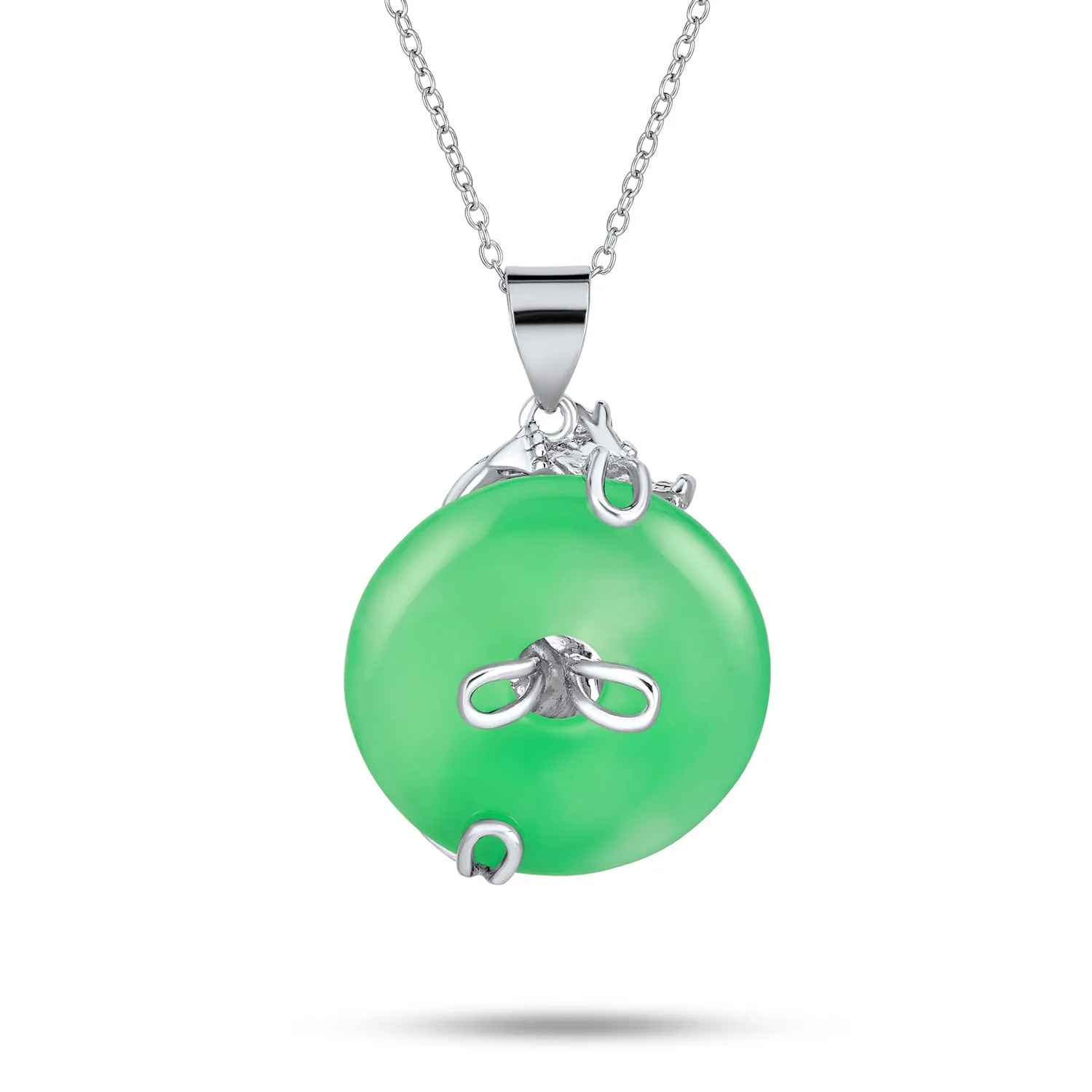 Dragon Round Circle Green or Red Jade Pendant Sterling Silver Necklace