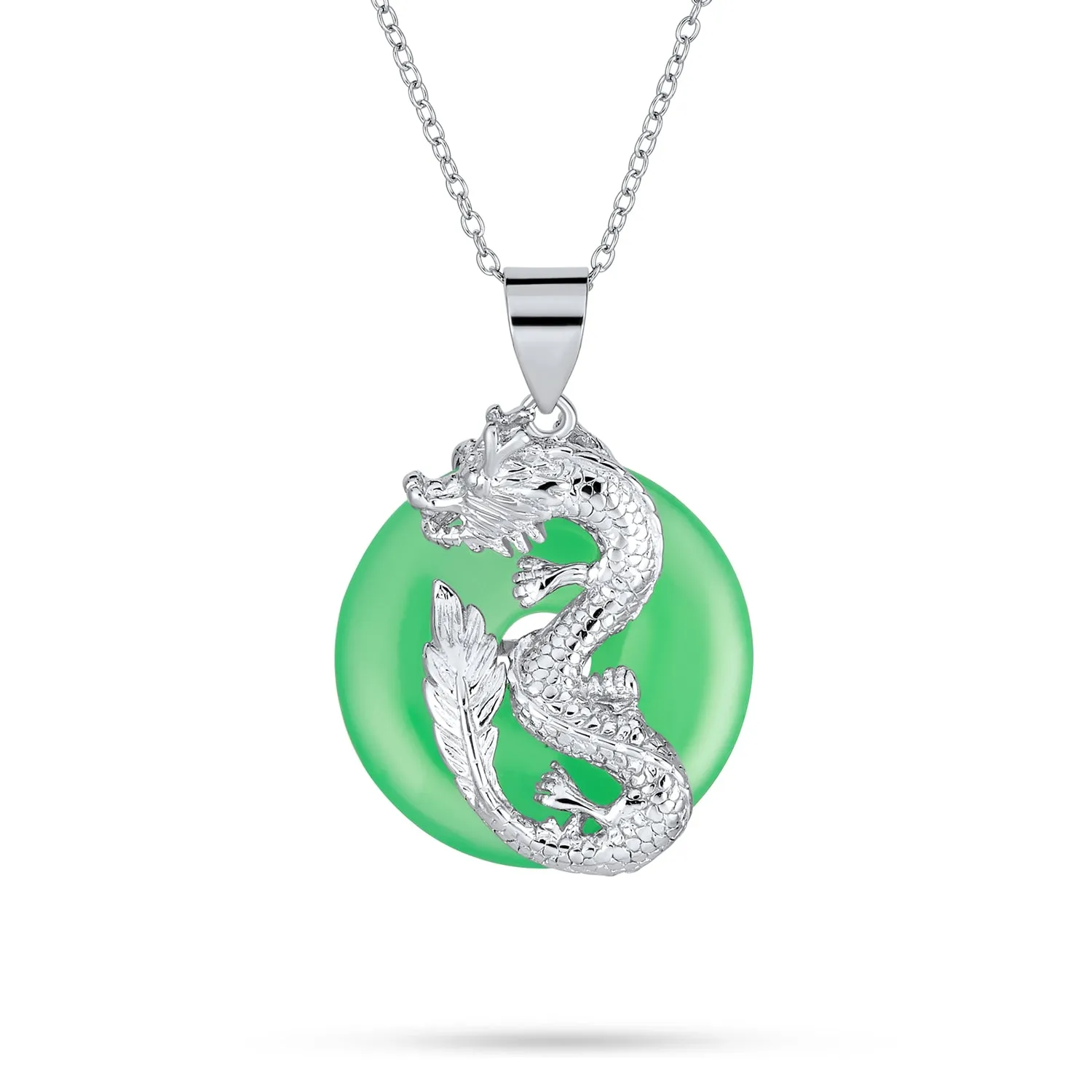 Dragon Round Circle Green or Red Jade Pendant Sterling Silver Necklace