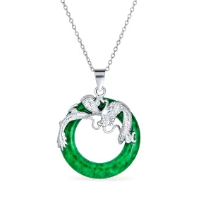 Dragon Round Circle Green or Red Jade Pendant Sterling Silver Necklace