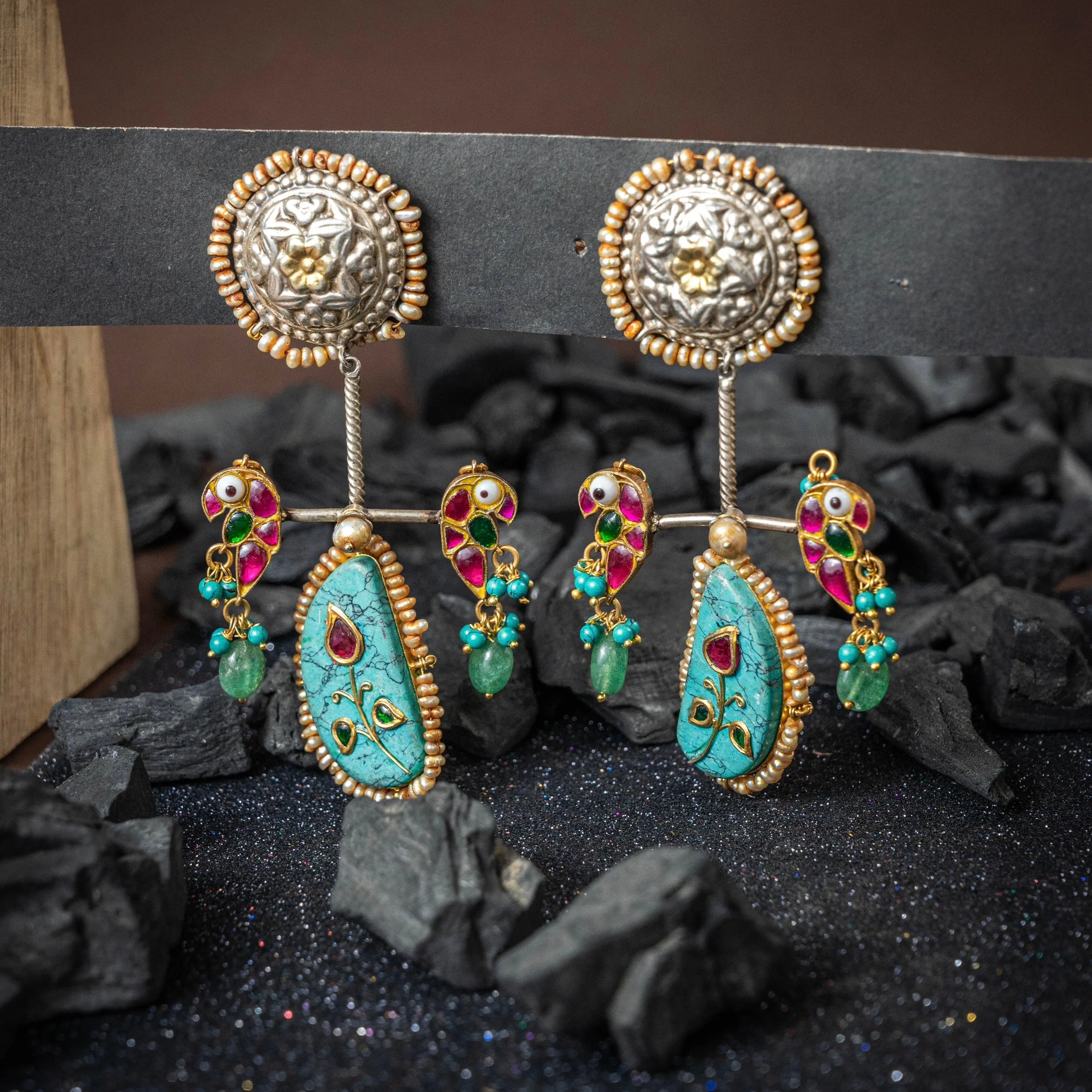 Elegant Fusion Twin Parrot Turquoise Sterling Silver Earring