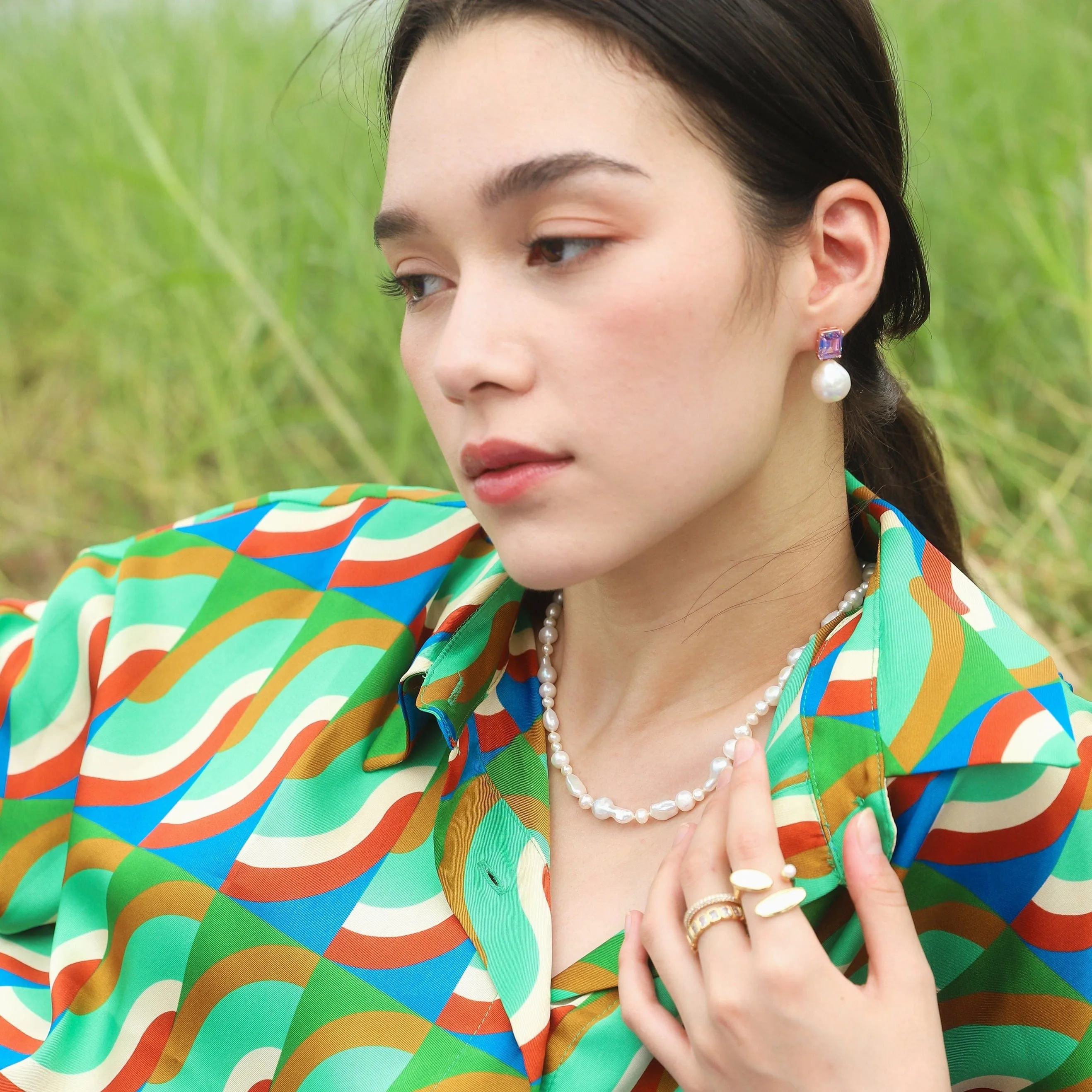 Emerald Cut Glass and Pearl Drop Earrings