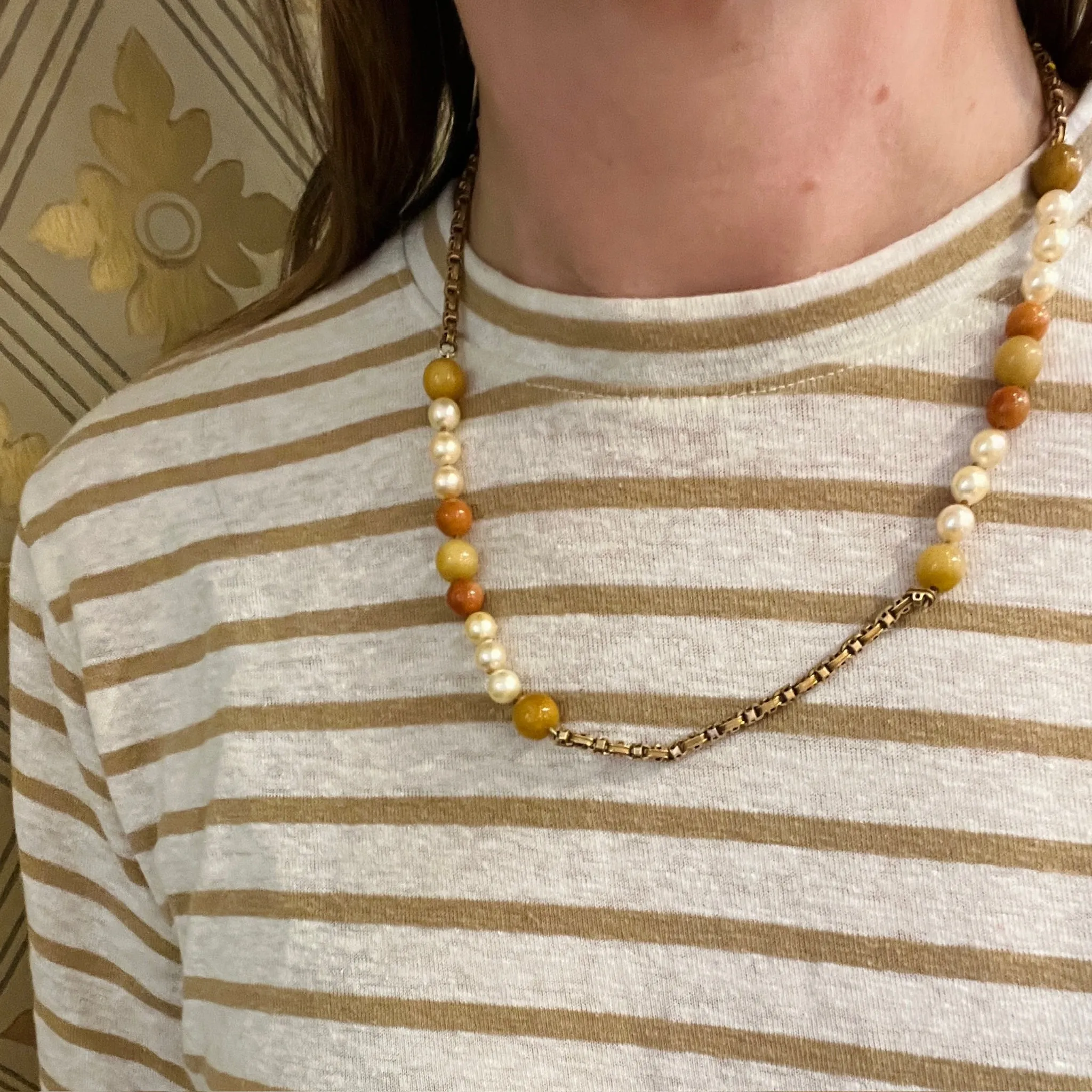 English Chain Necklace with Pearl & Autumnal Jade by Ancient Influences