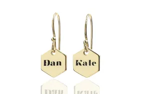 Engraved Name Earrings - Couples Personalized Initials - Wedding Hexagon Dangle Design