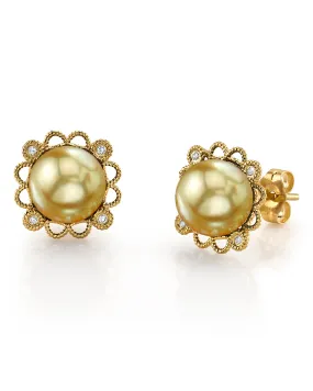 Exquisite Diamond-Encrusted Golden South Sea Pearl Couronne Earrings