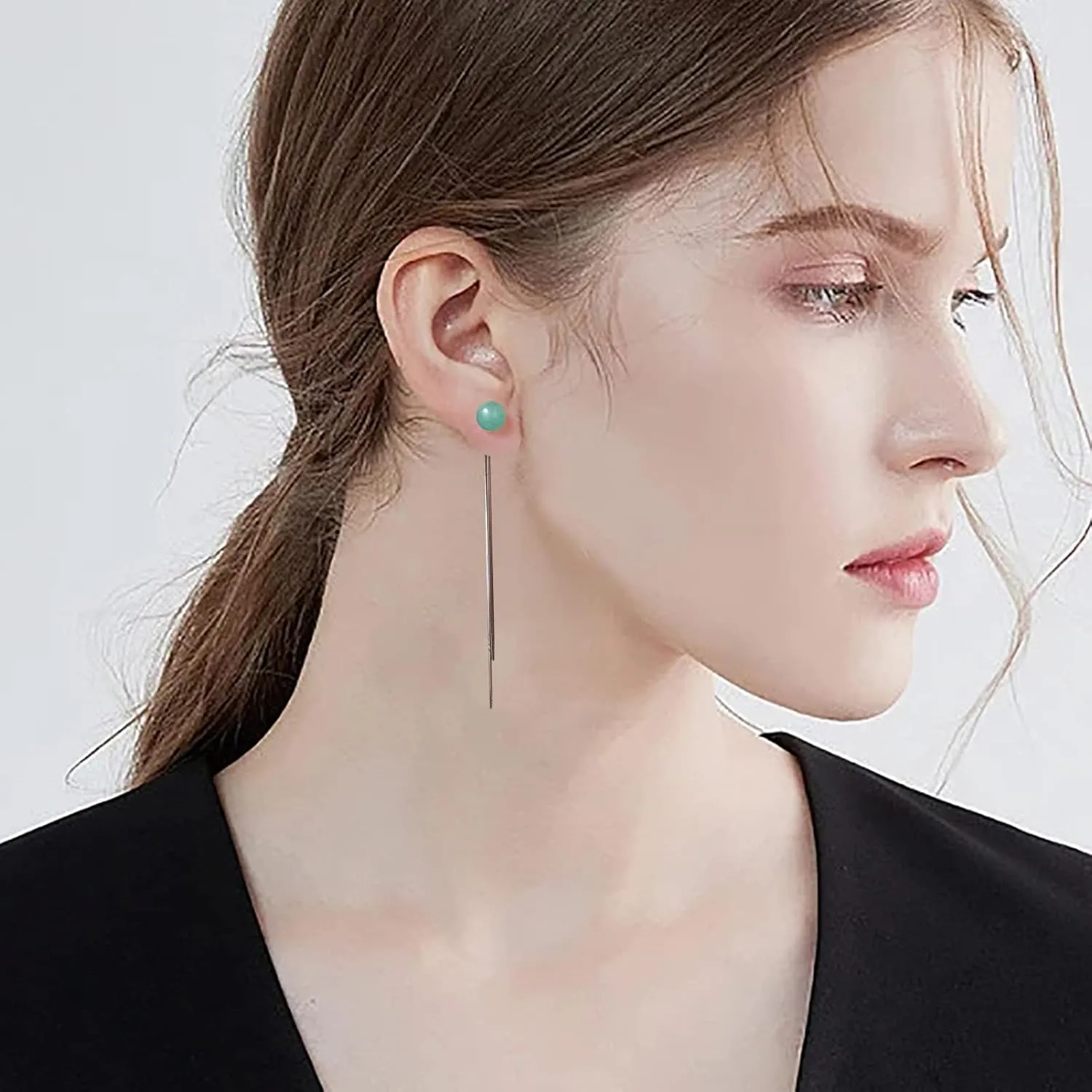 Green Jade Drop Hanging Threader Jewelry for Women,Vintage 925 Sterling Silver Jade Drop Earrings,Good Luck Handmade Dangle Earrings Gift for Birthday Anniversary (Ear thread nail)