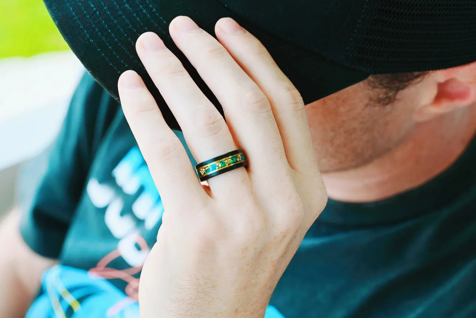 Green Moss Agate & Fire Opal & Gold Leaf Couples Ring