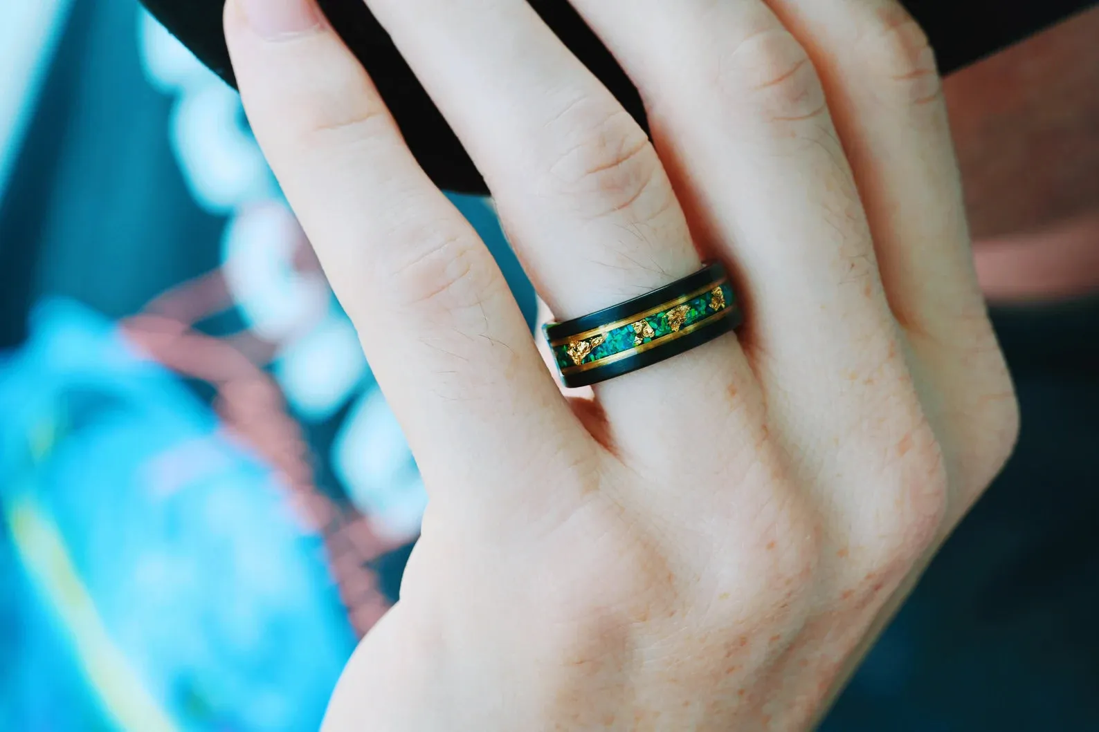 Green Moss Agate & Fire Opal & Gold Leaf Couples Ring