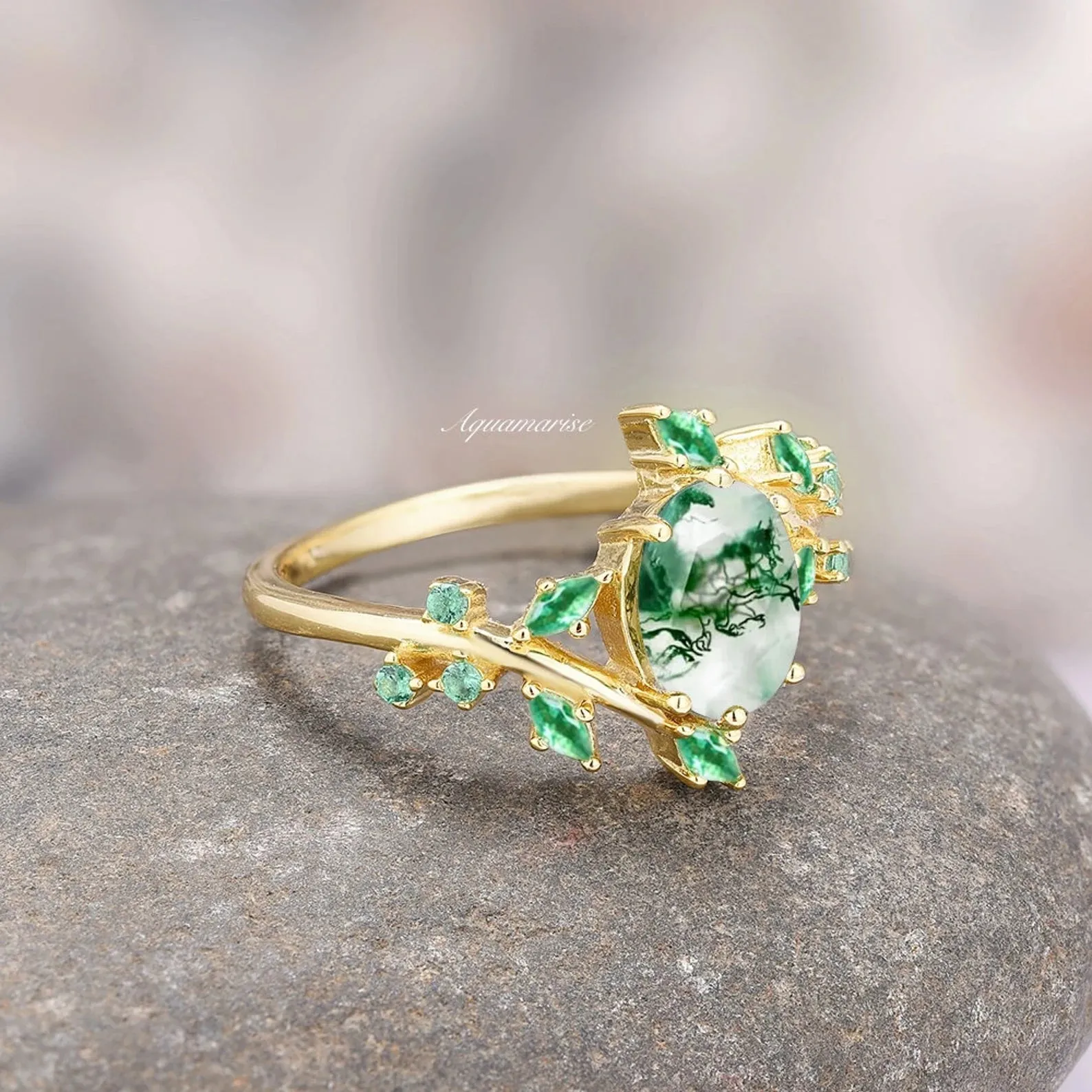 Green Moss Agate & Fire Opal & Gold Leaf Couples Ring
