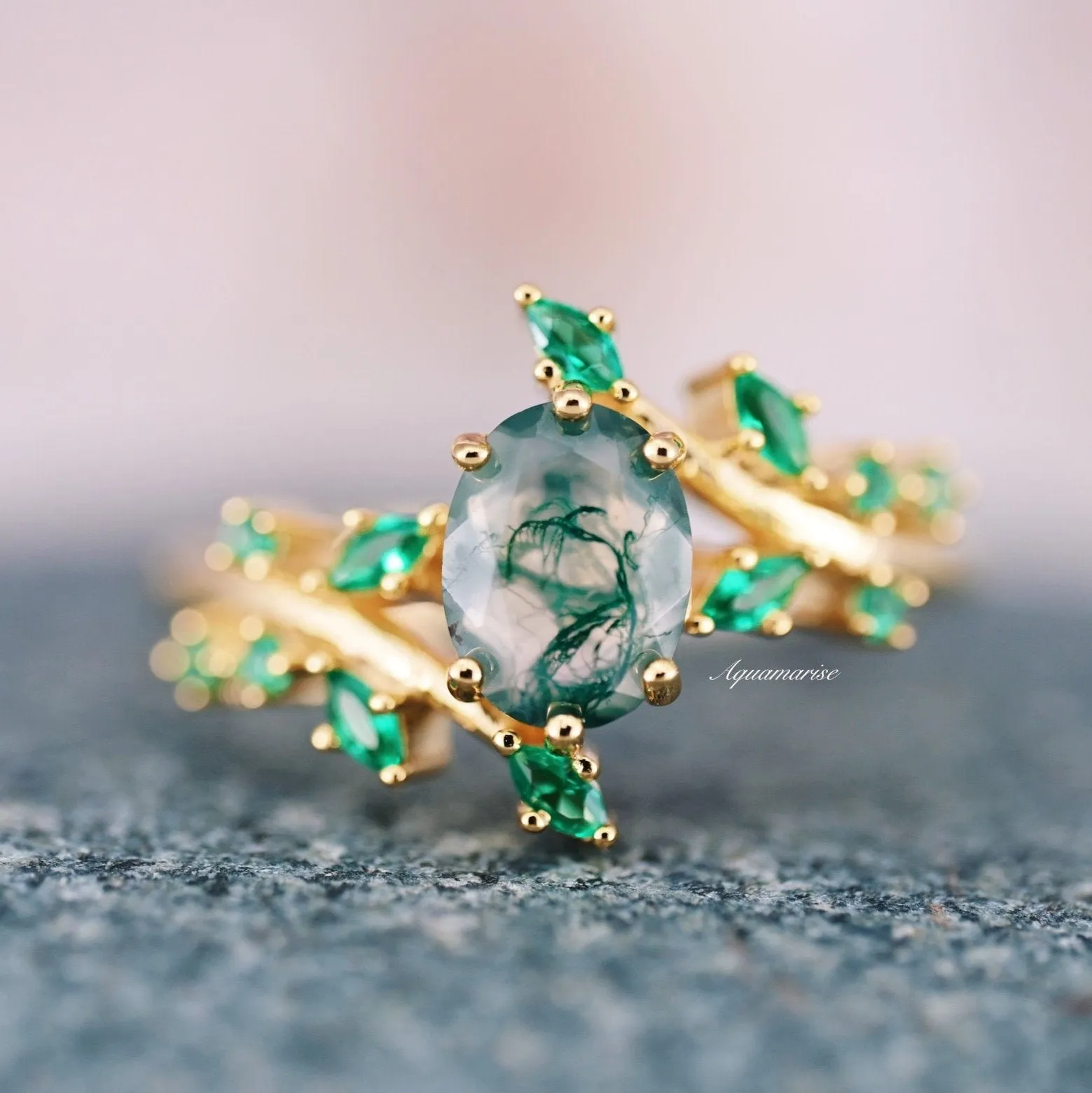 Green Moss Agate & Fire Opal & Gold Leaf Couples Ring