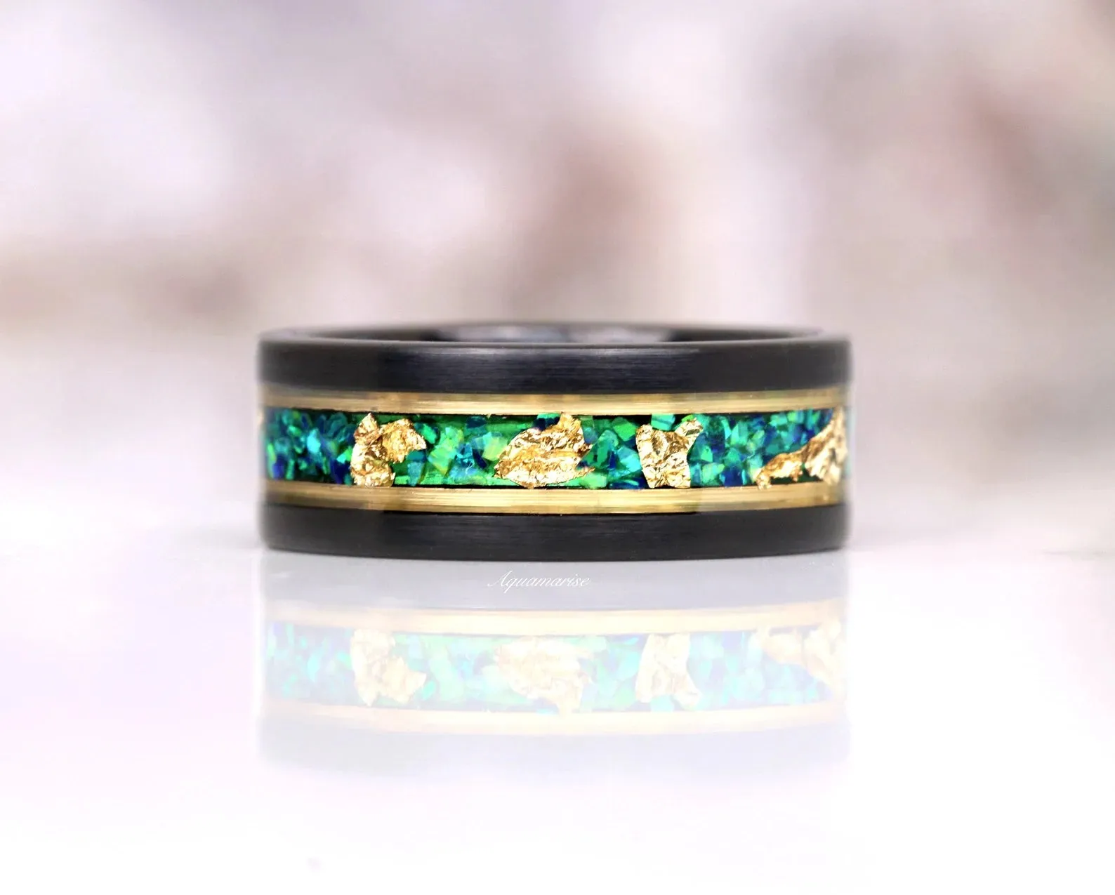 Green Moss Agate & Fire Opal & Gold Leaf Couples Ring