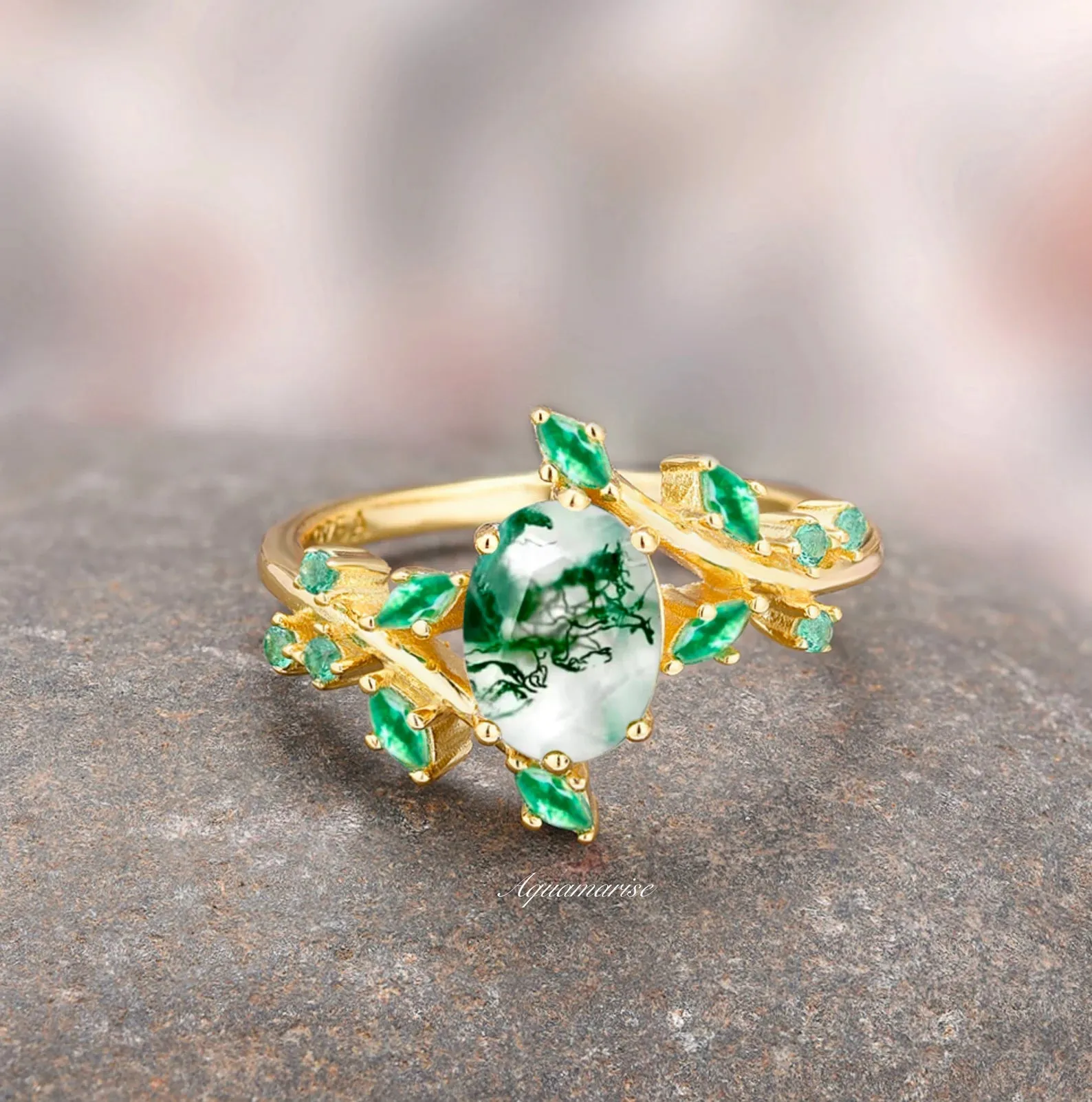 Green Moss Agate & Fire Opal & Gold Leaf Couples Ring