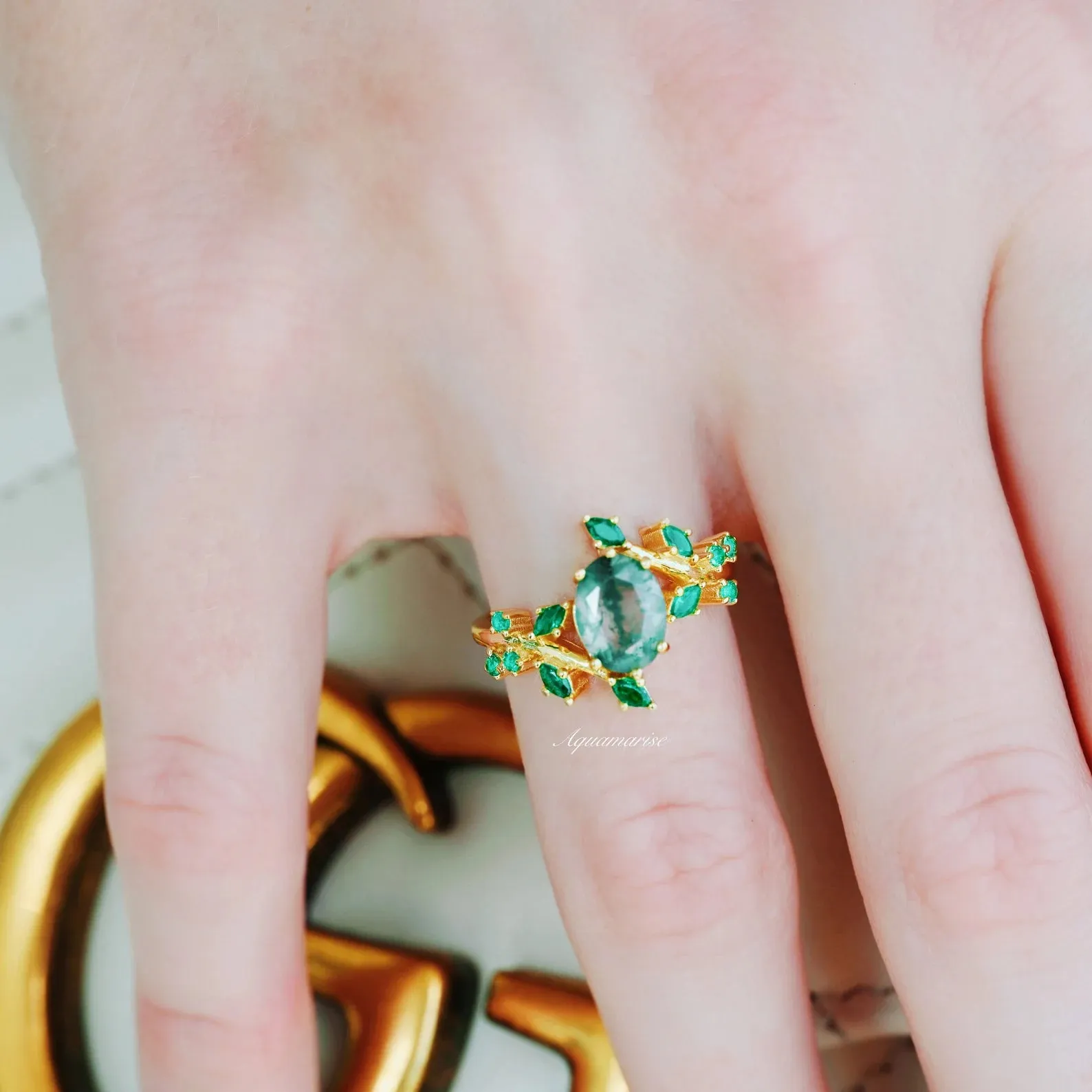 Green Moss Agate & Fire Opal & Gold Leaf Couples Ring