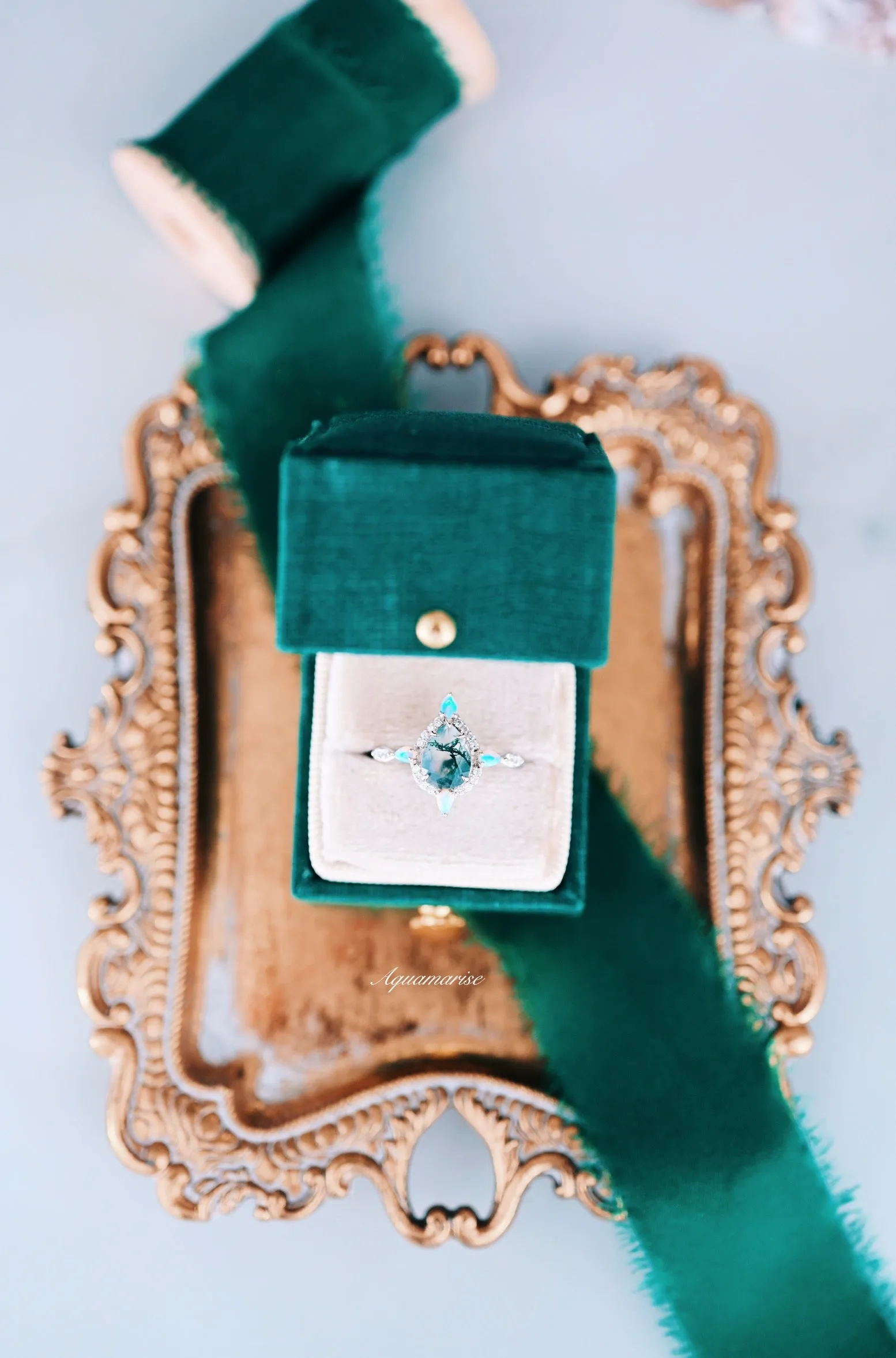 Green Moss Agate & Fire Opal Couples Ring
